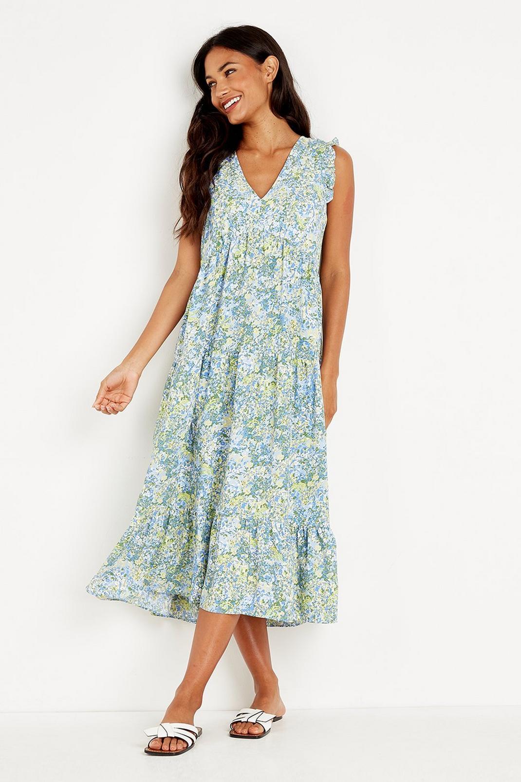 Blue Floral Frill Tiered Midi Dress image number 1