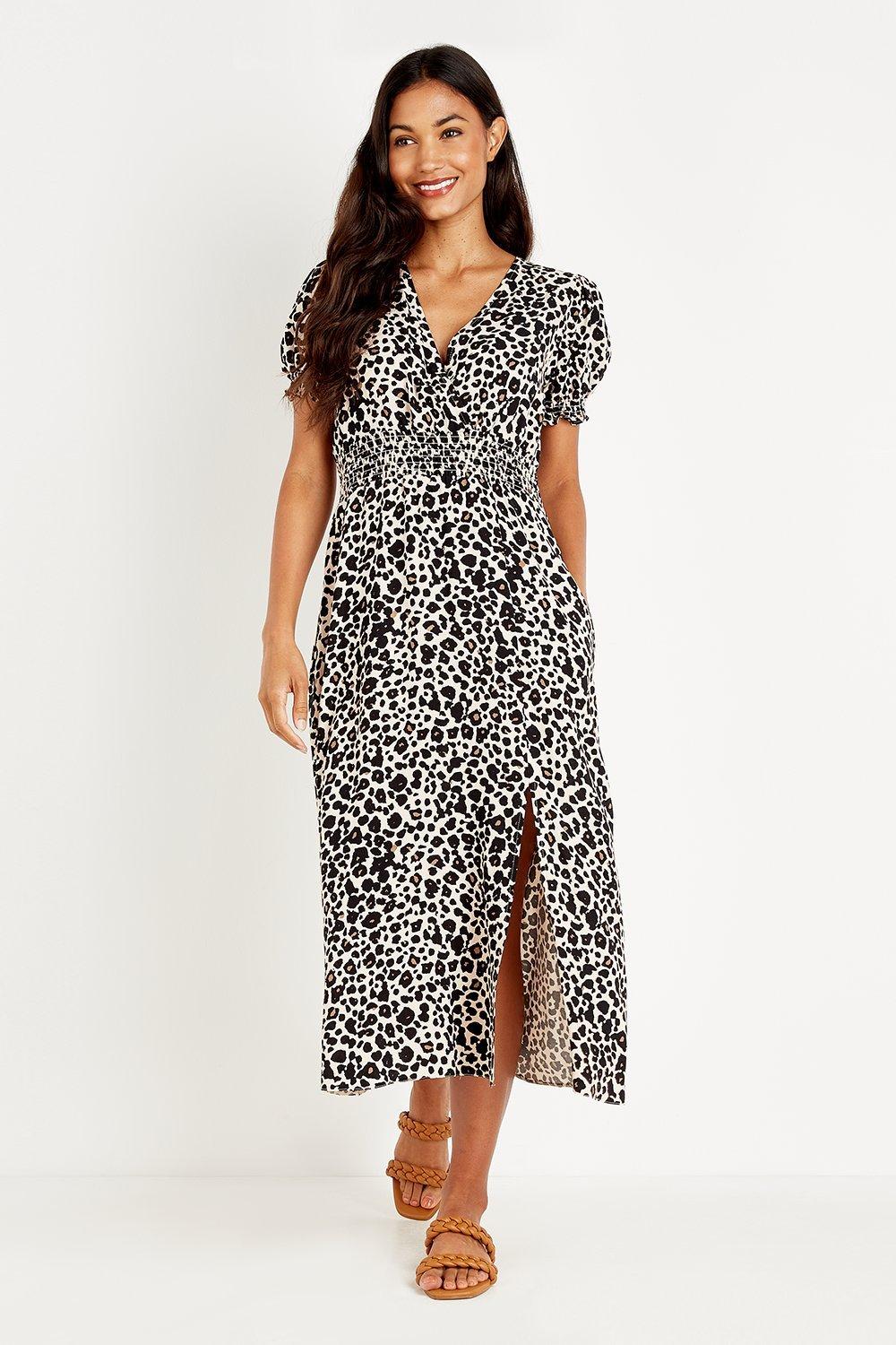 shirred animal print dress