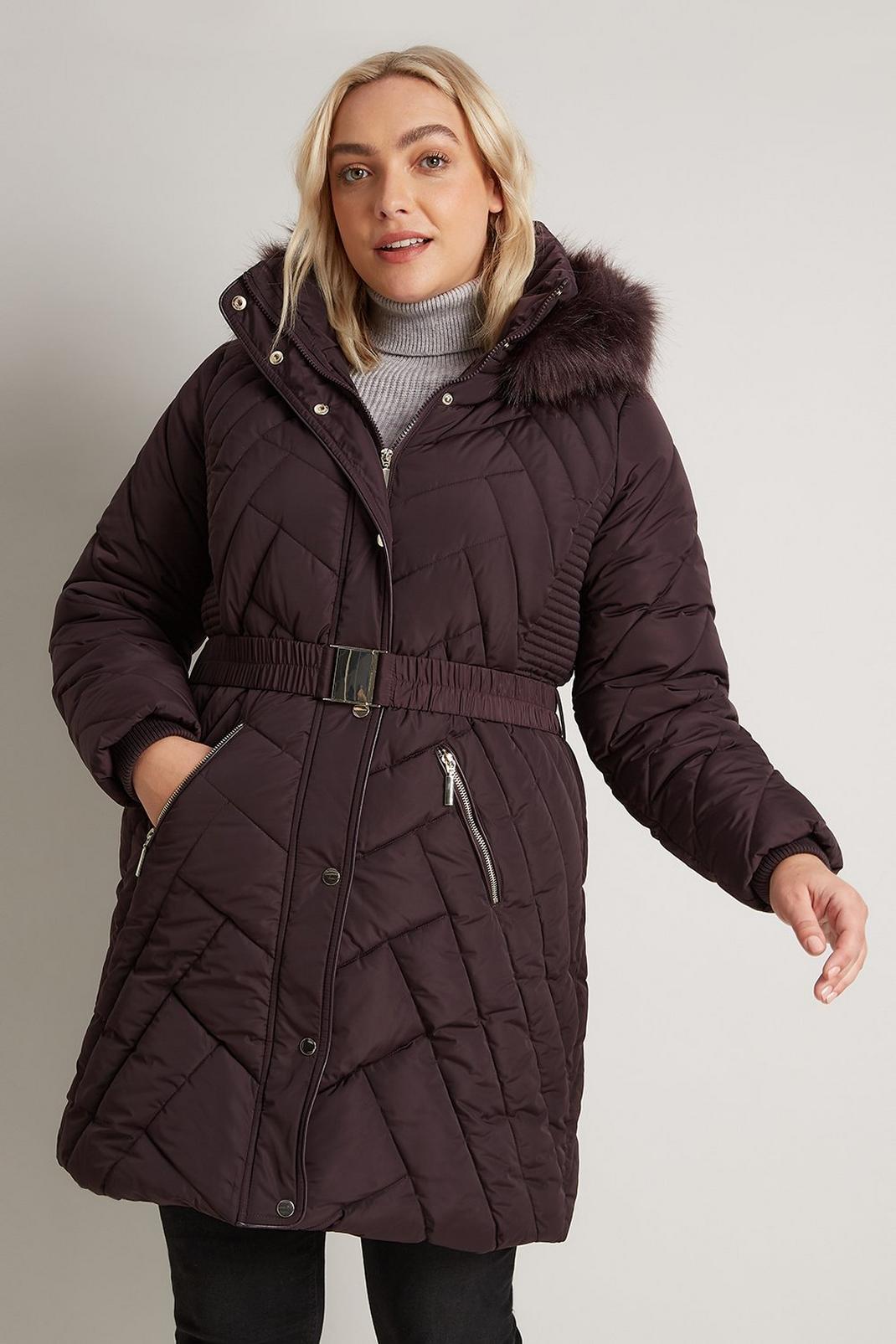Berry Curve Belted Midi Padded Coat image number 1