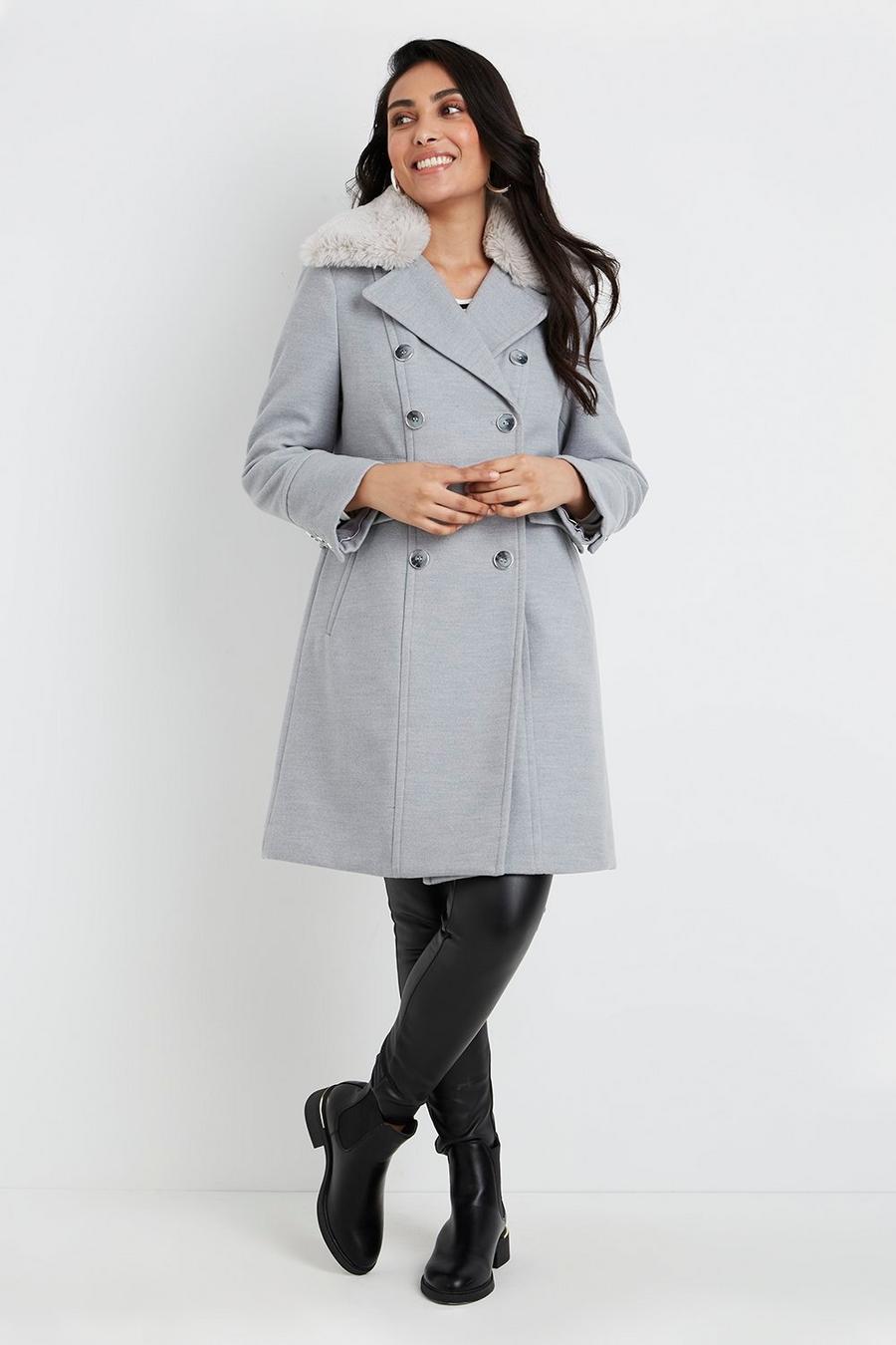 Petite Double Breasted Faux Fur Collar Military Coat