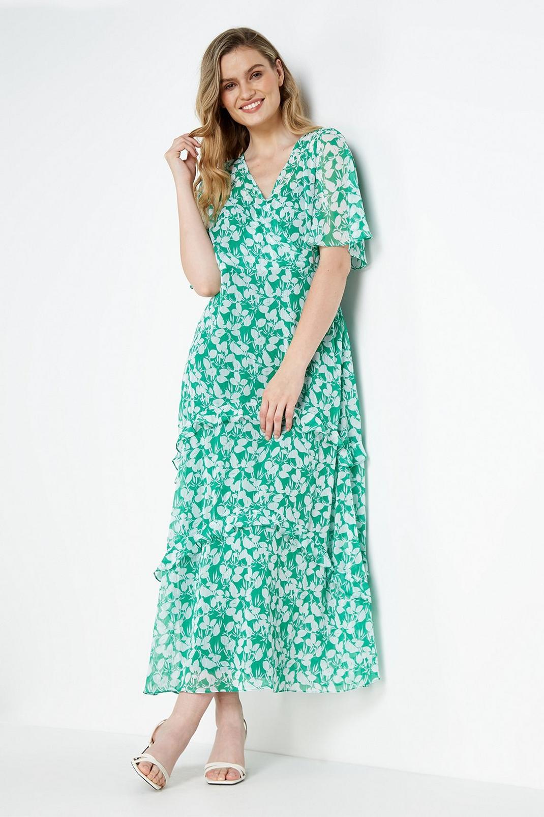 655 Petite Green Ditsy Floral Angel Sleeve Dress image number 2