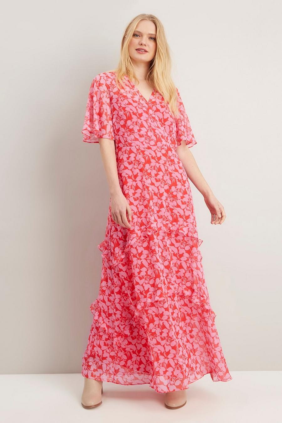 Ditsy Floral Red Pink Angel Sleeve Maxi Dress
