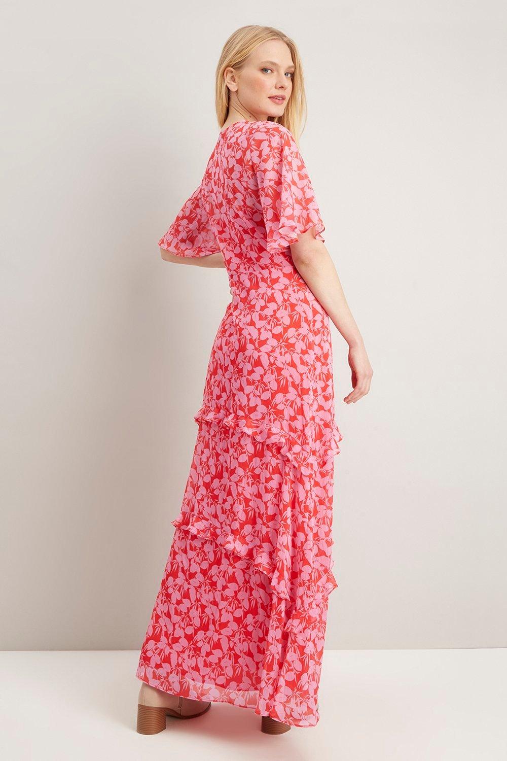 Ditsy Floral Red Pink Angel Sleeve Maxi ...