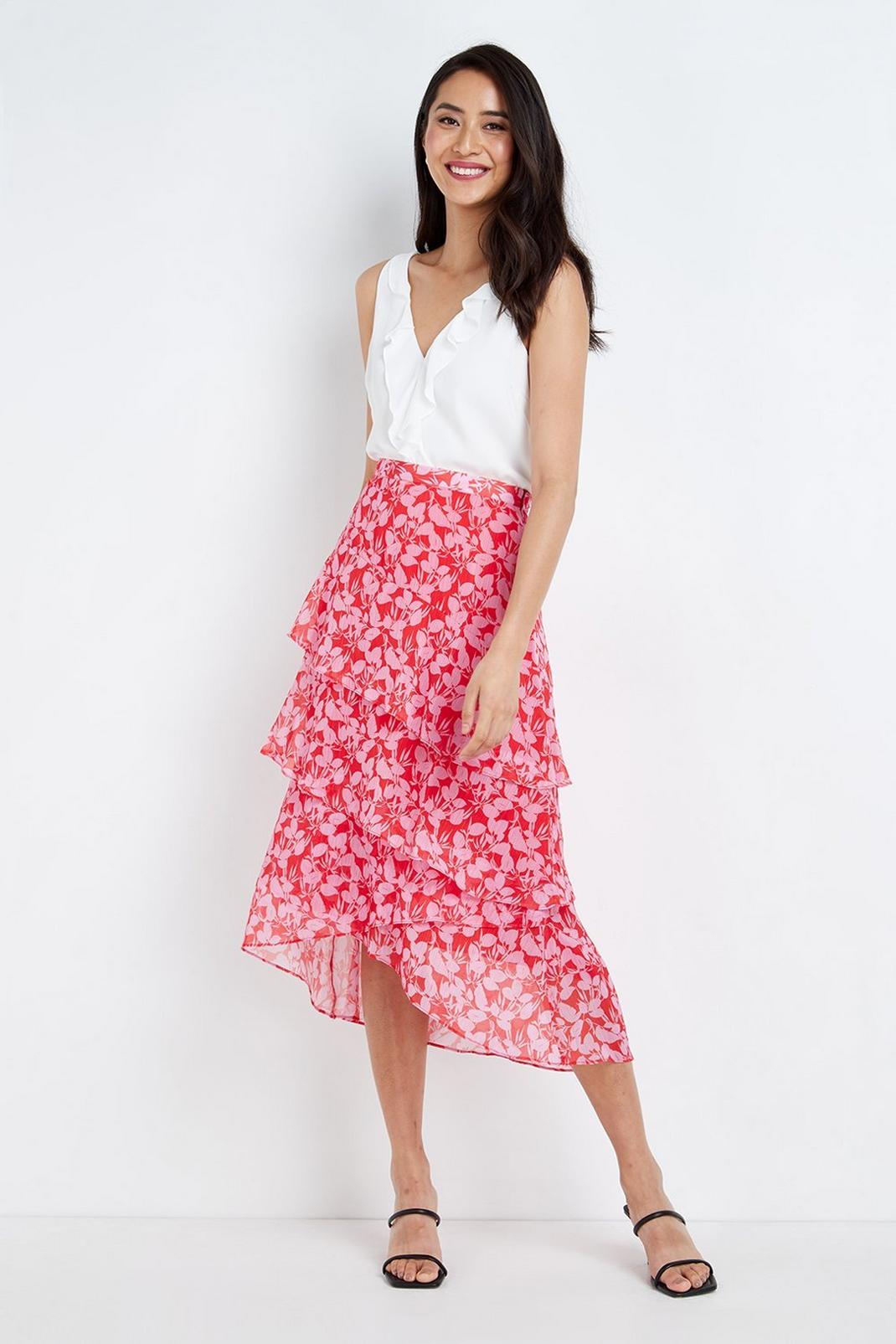 402 Ditsy Floral Red Pink Chiffon Skirt image number 1