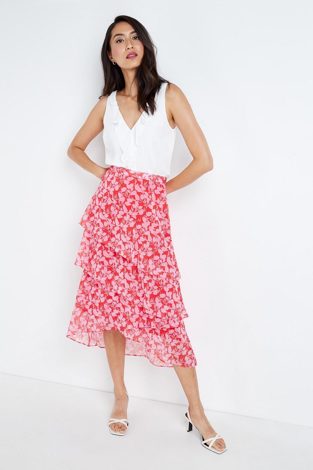 402 Ditsy Floral Red Pink Chiffon Skirt image number 2