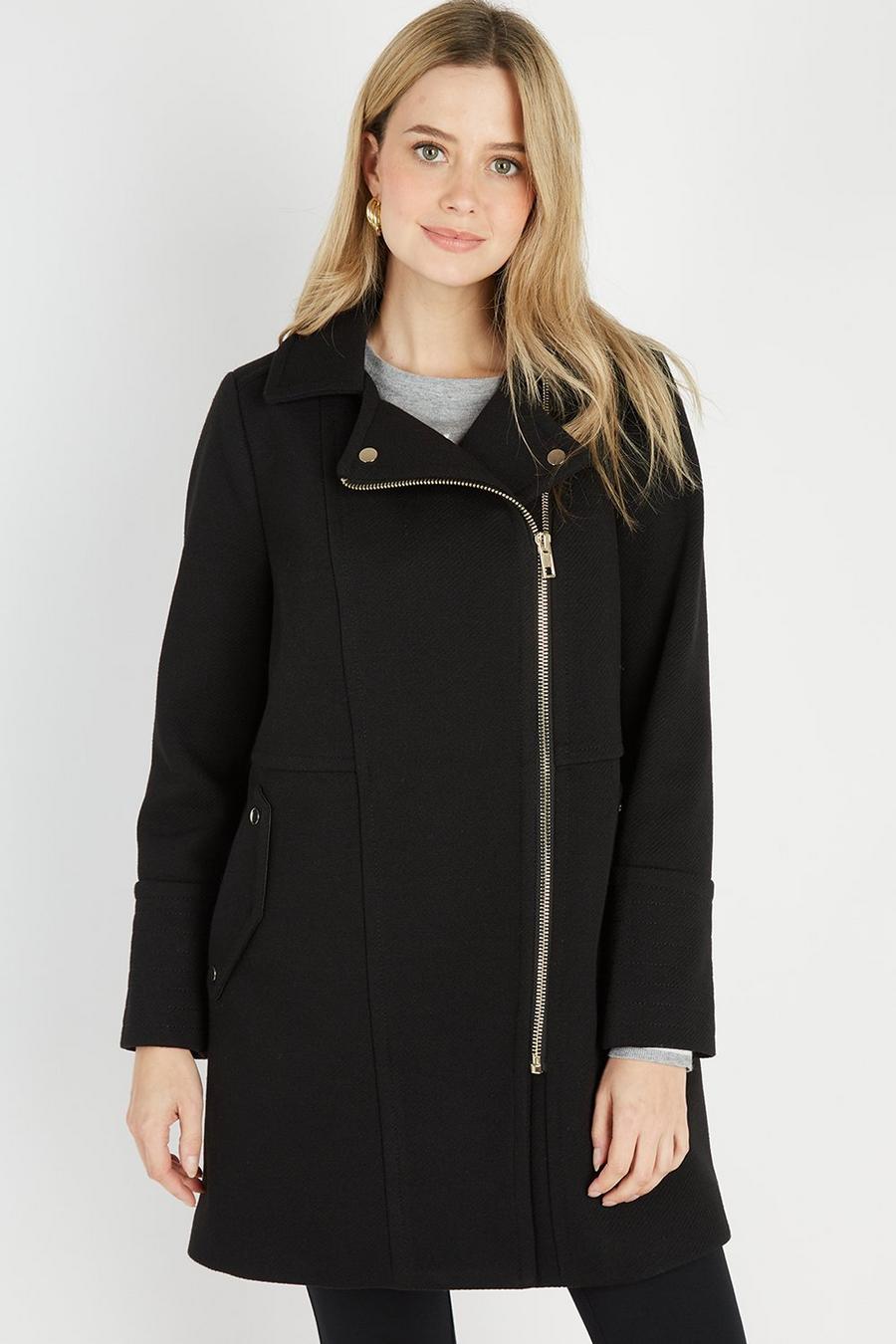 Petite Black Longline Zip Coat