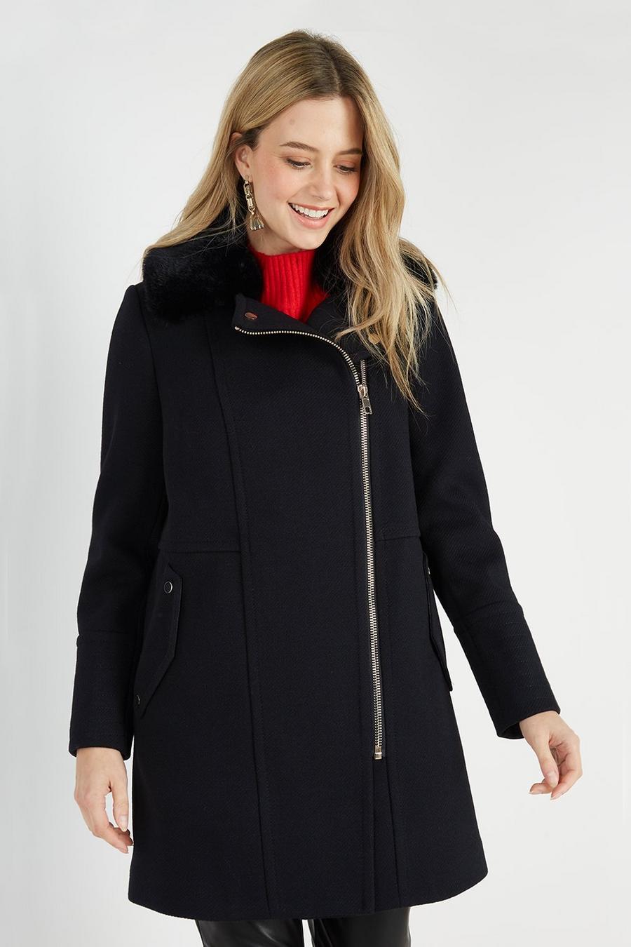 Petite Longline Zip Faux Fur Collar Coat
