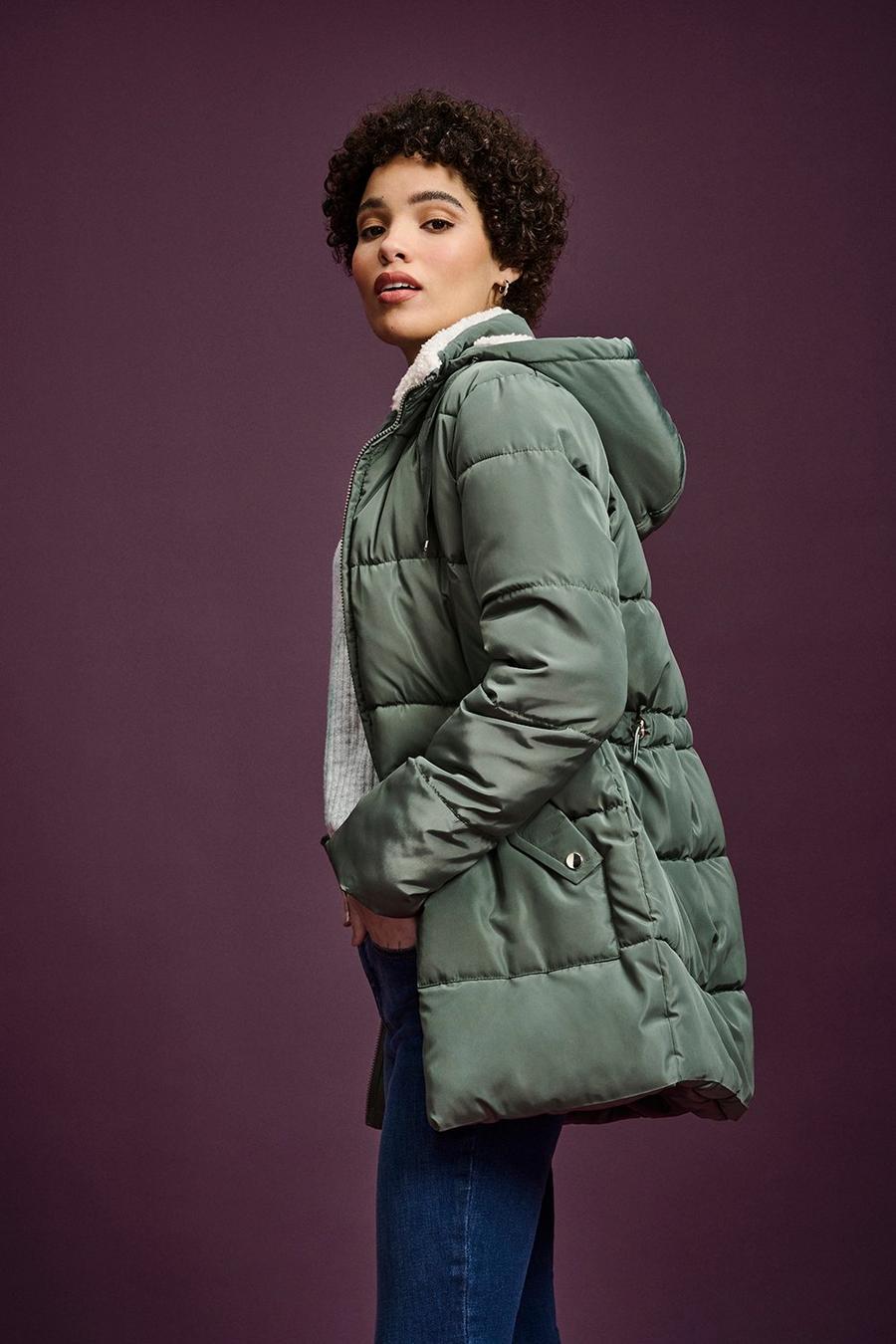 Borg Hooded Pocket Detail Quilted Coat