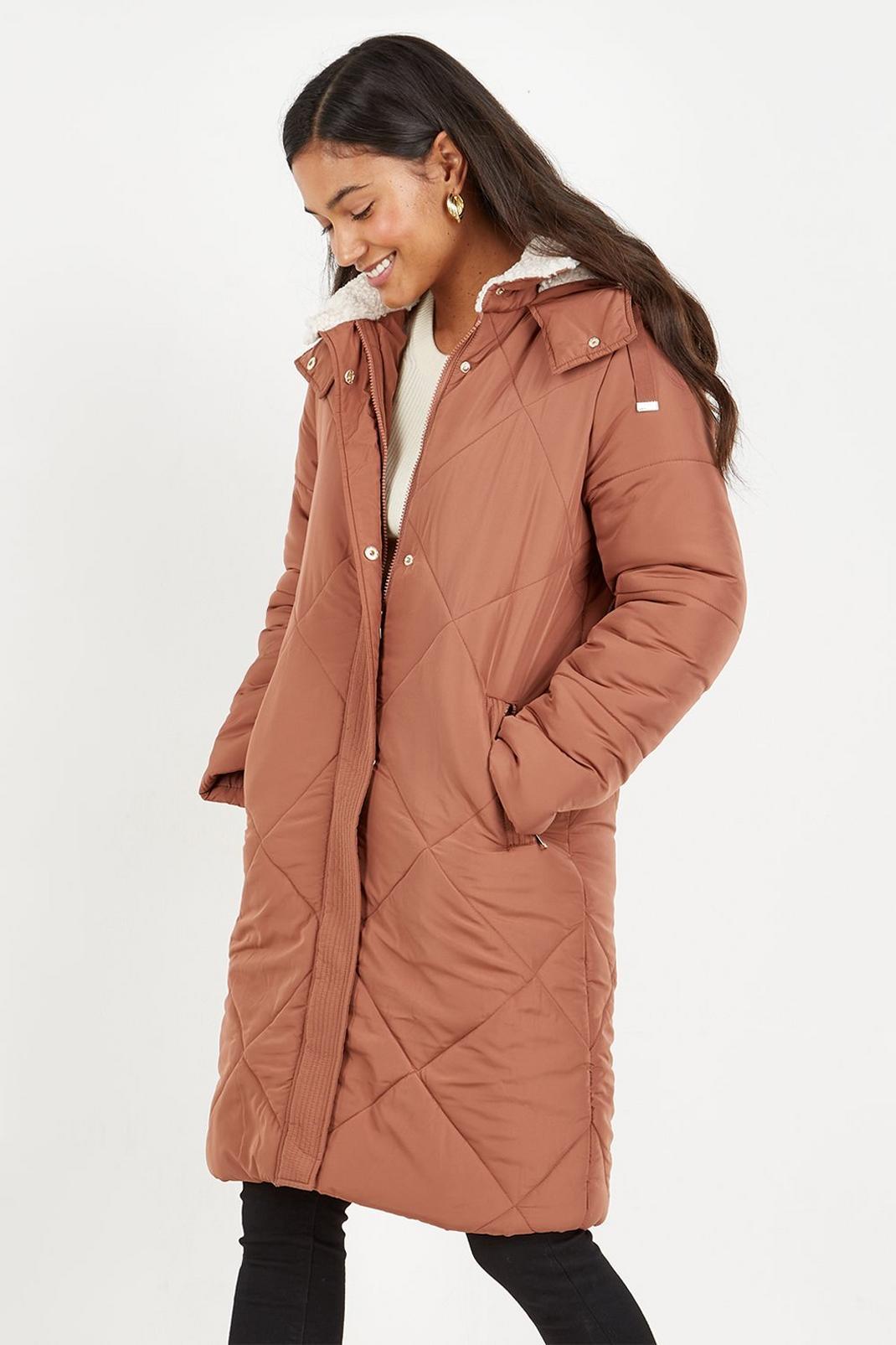Tan Diagonal Stitch Quilted Coat image number 1