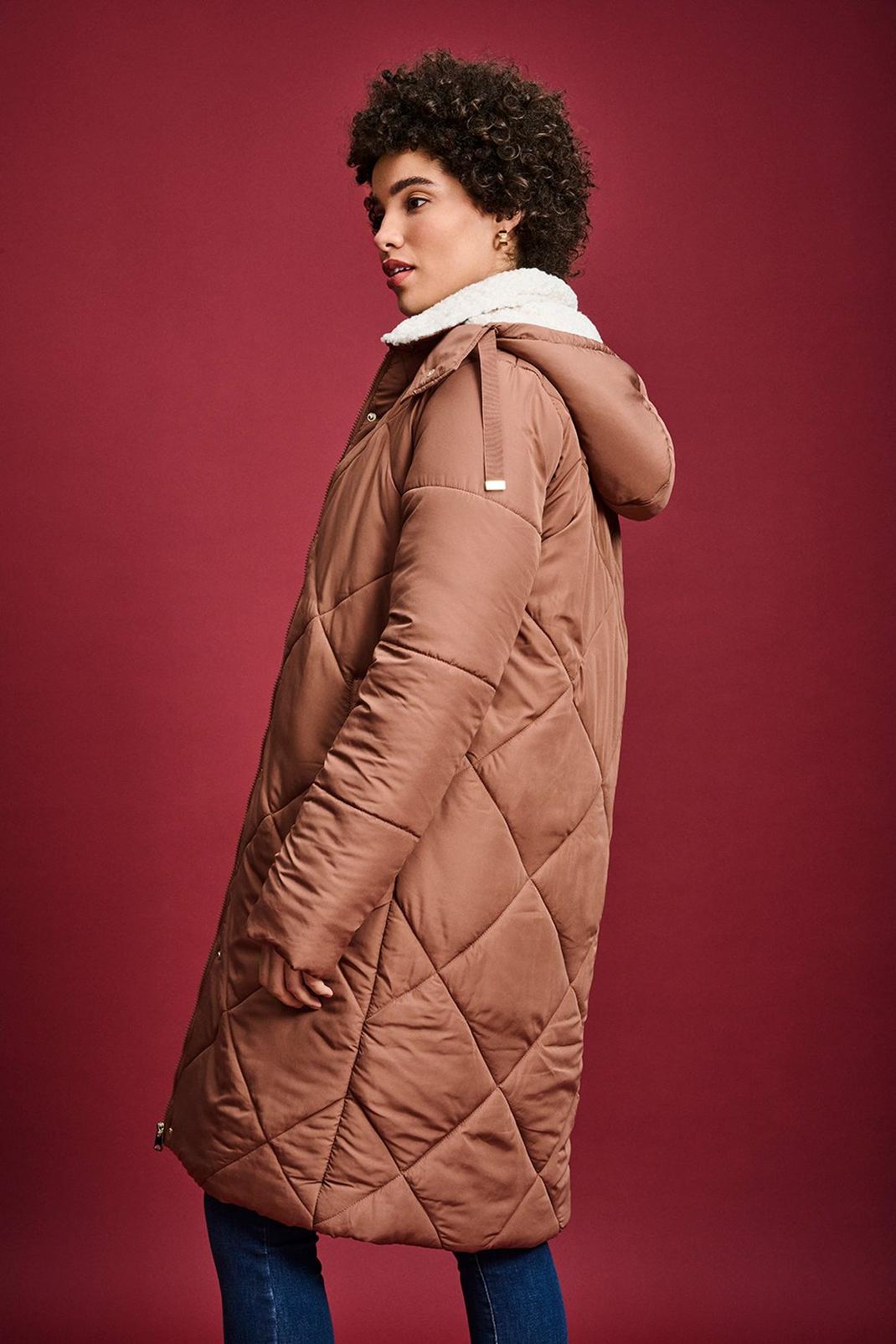 Tan Tall Diagonal Stitch Quilted Coat image number 1