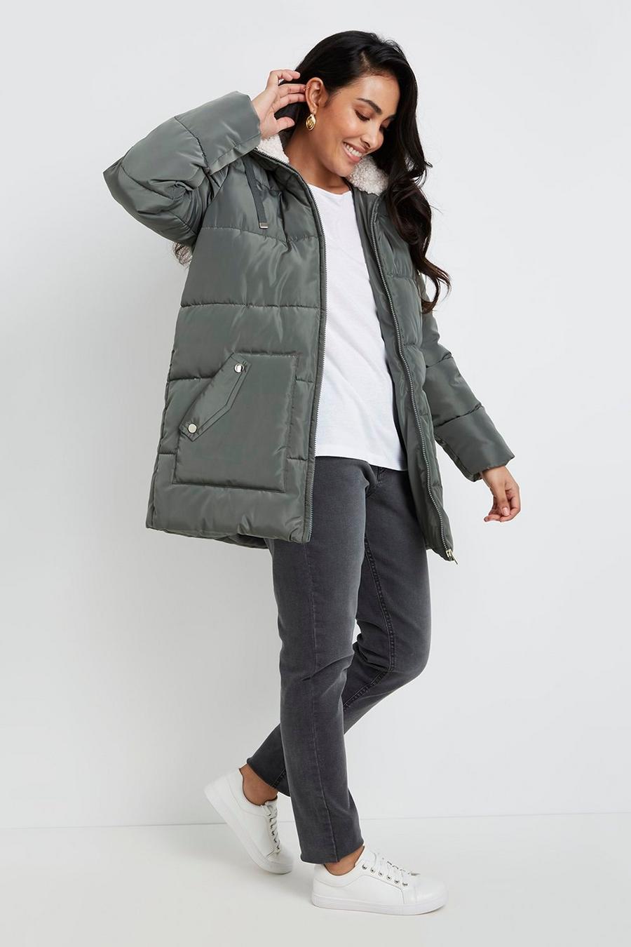 Petite Borg Hooded Pocket Detail Quilted Coat