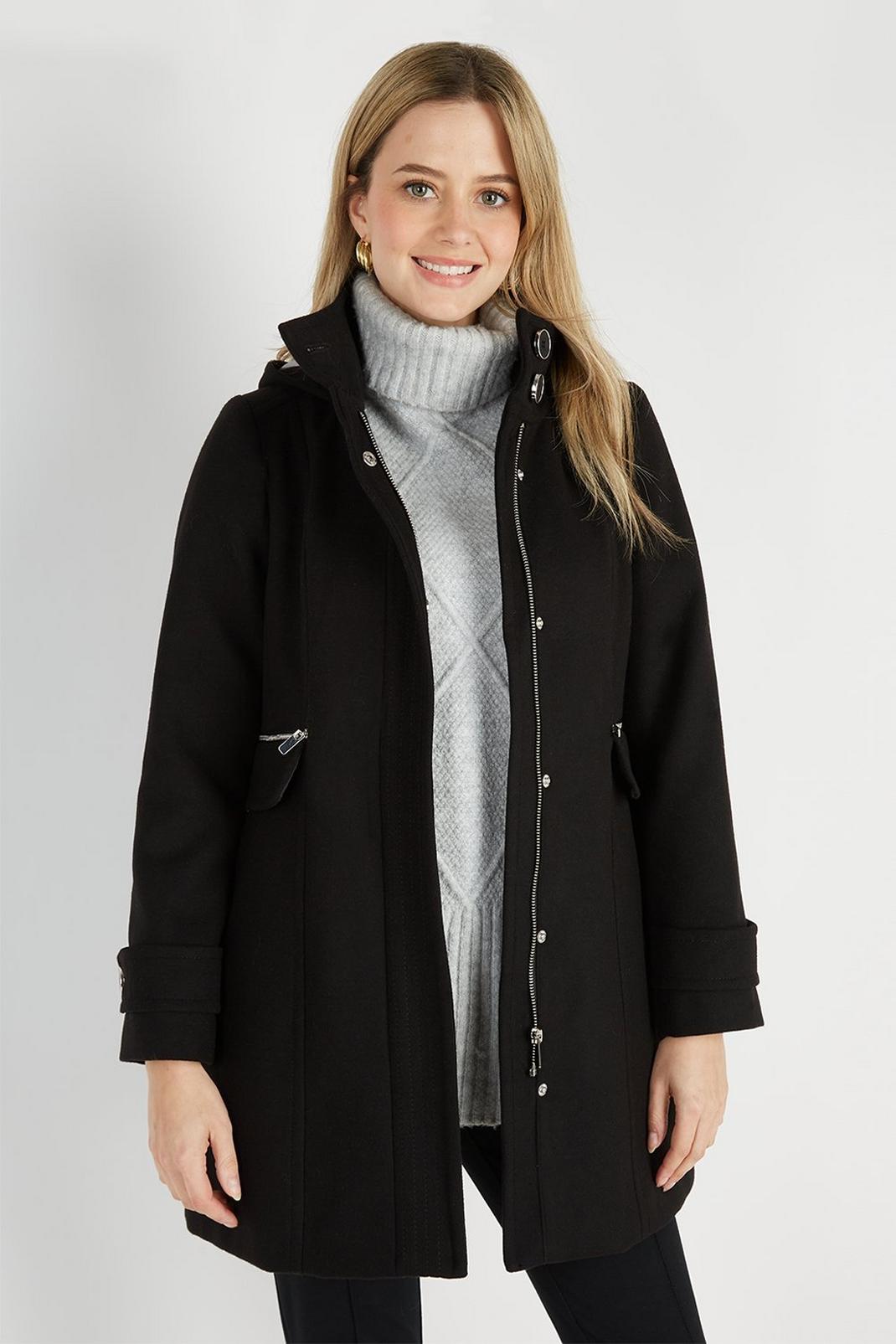 Black Petite Fur Hooded Duffle Coat image number 1