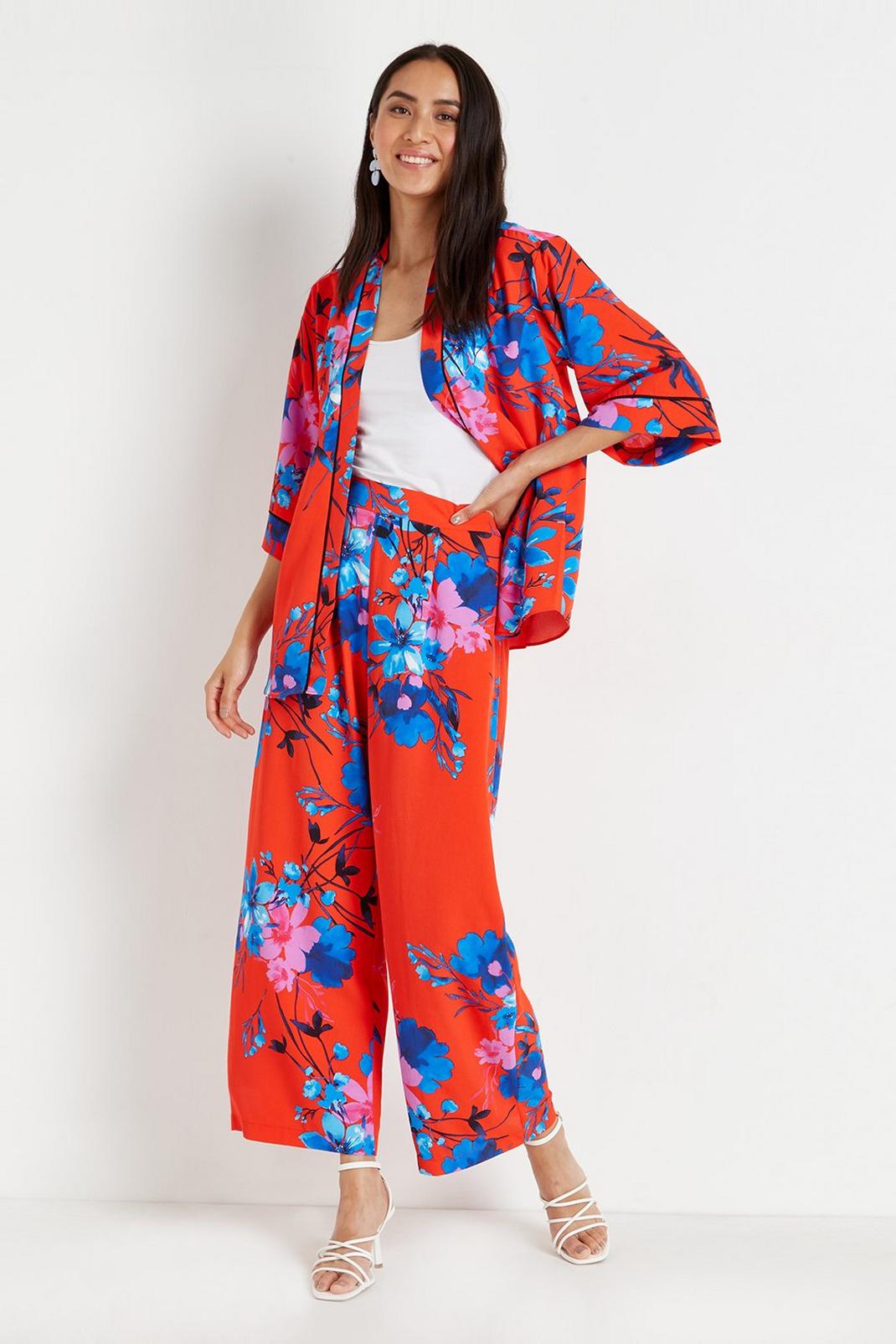 Flame red Red and Blue Floral Wide Leg Trousers image number 1