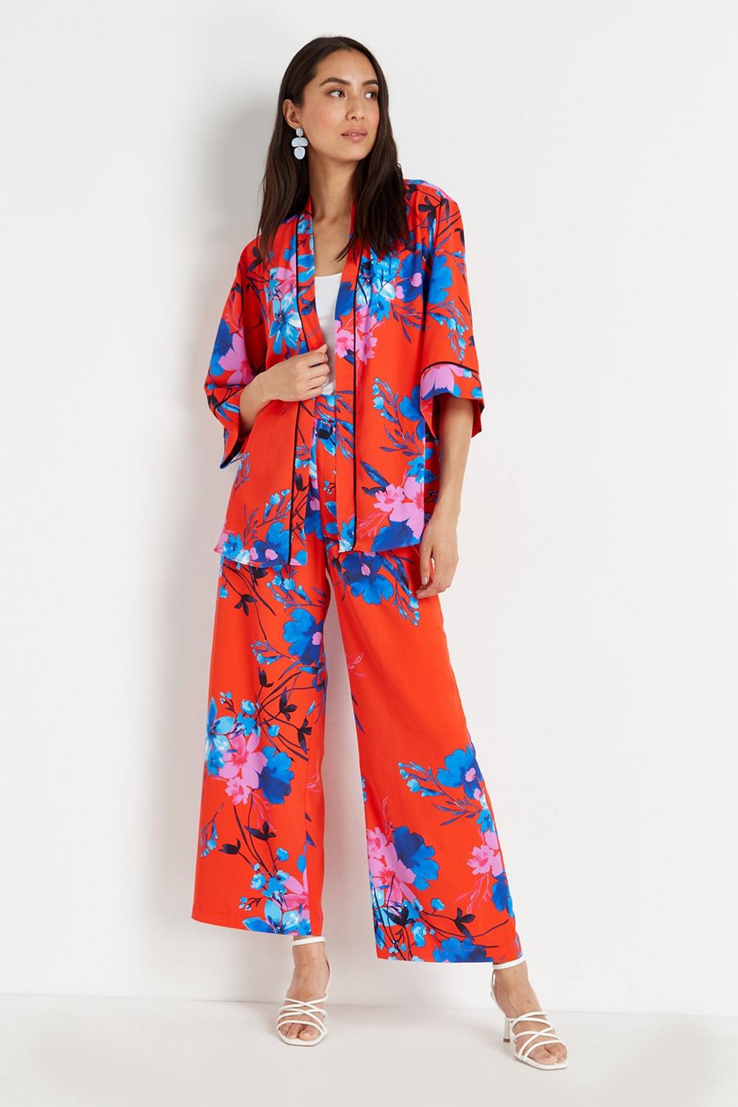 402 Red and Blue Floral Wide Leg Trousers image number 2