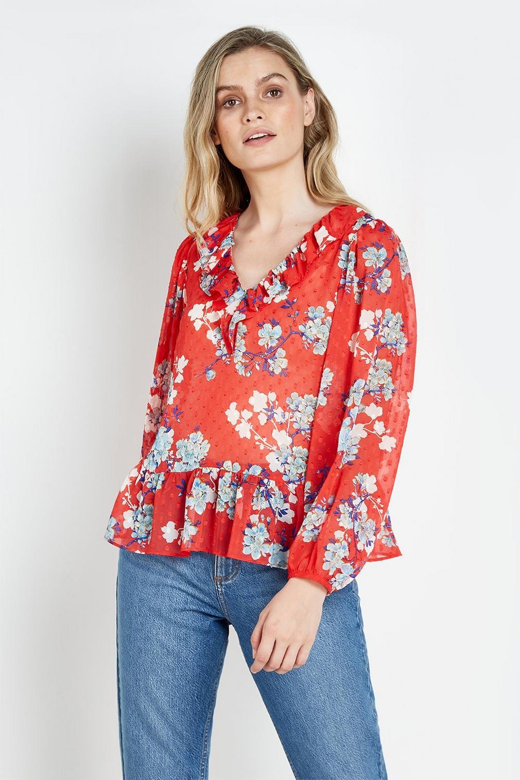 402 Petite Floral Long Sleeve Ruffle Top image number 1