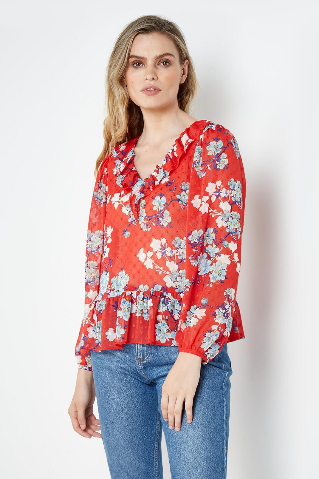402 Petite Floral Long Sleeve Ruffle Top image number 2
