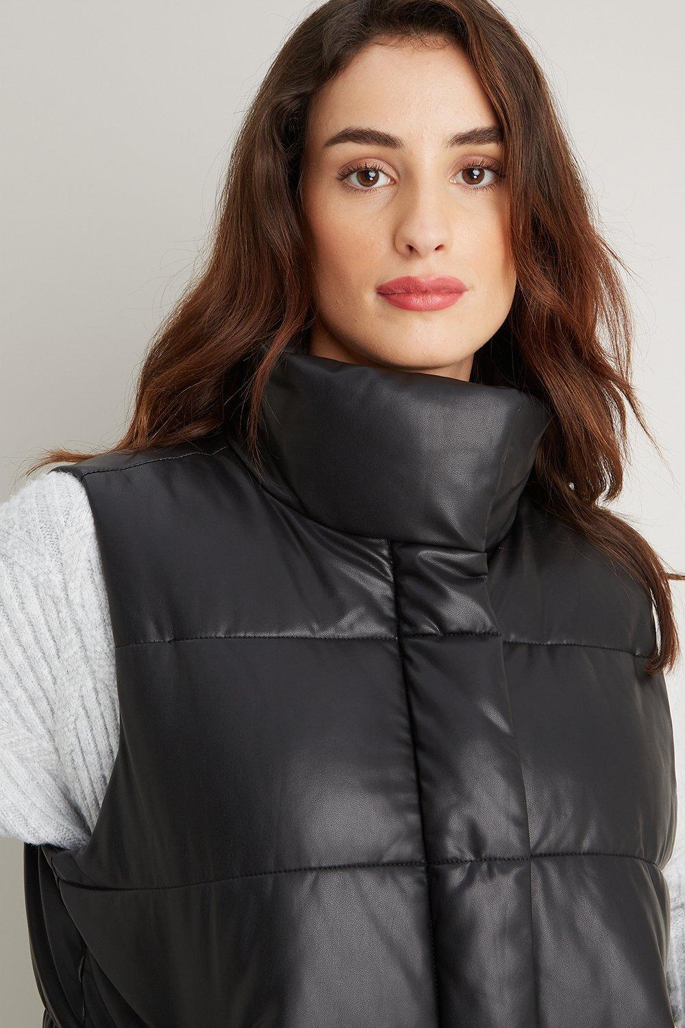 Petite Black Faux Leather Puffer Gilet