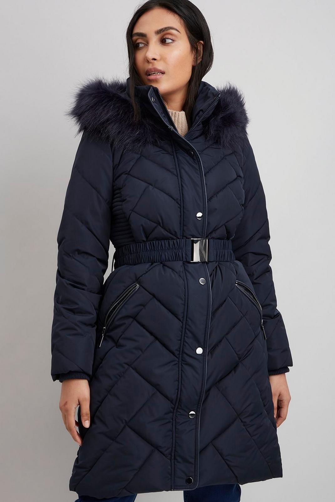 Navy Petite Midi Belted Padded Coat image number 1