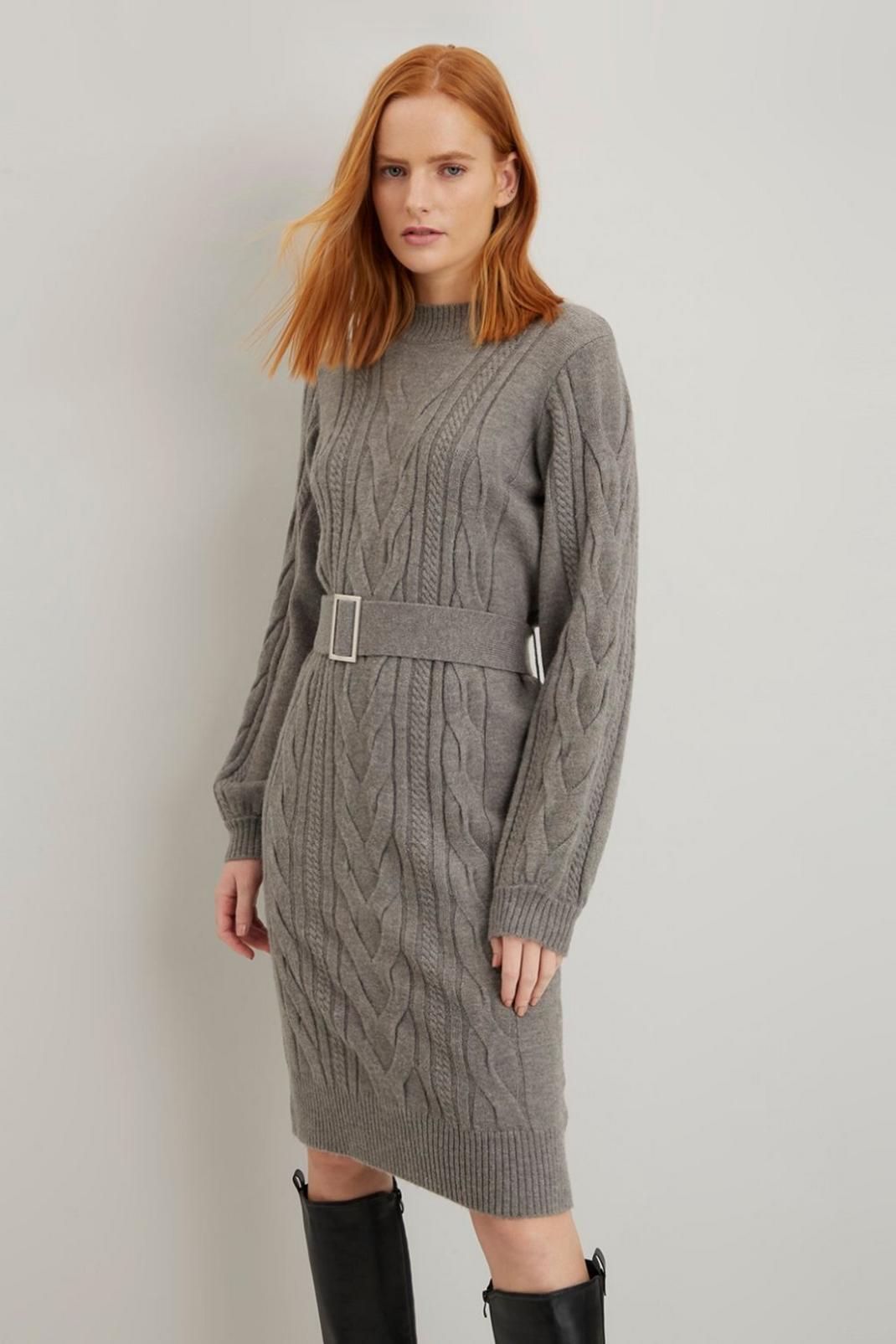 Grey Cable Knitted Belted Dress image number 1