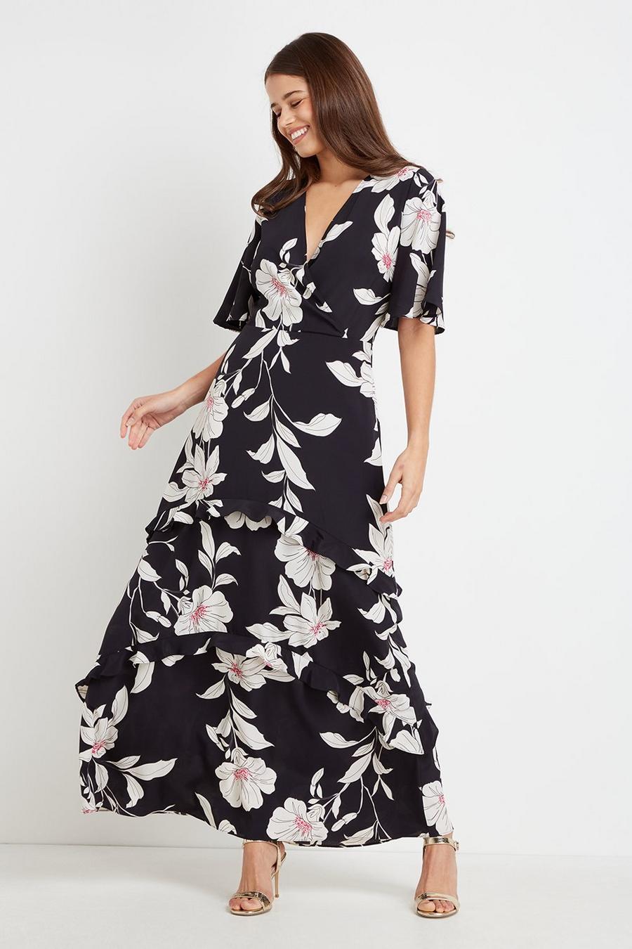 Black Pink Floral Tiered Maxi  Dress