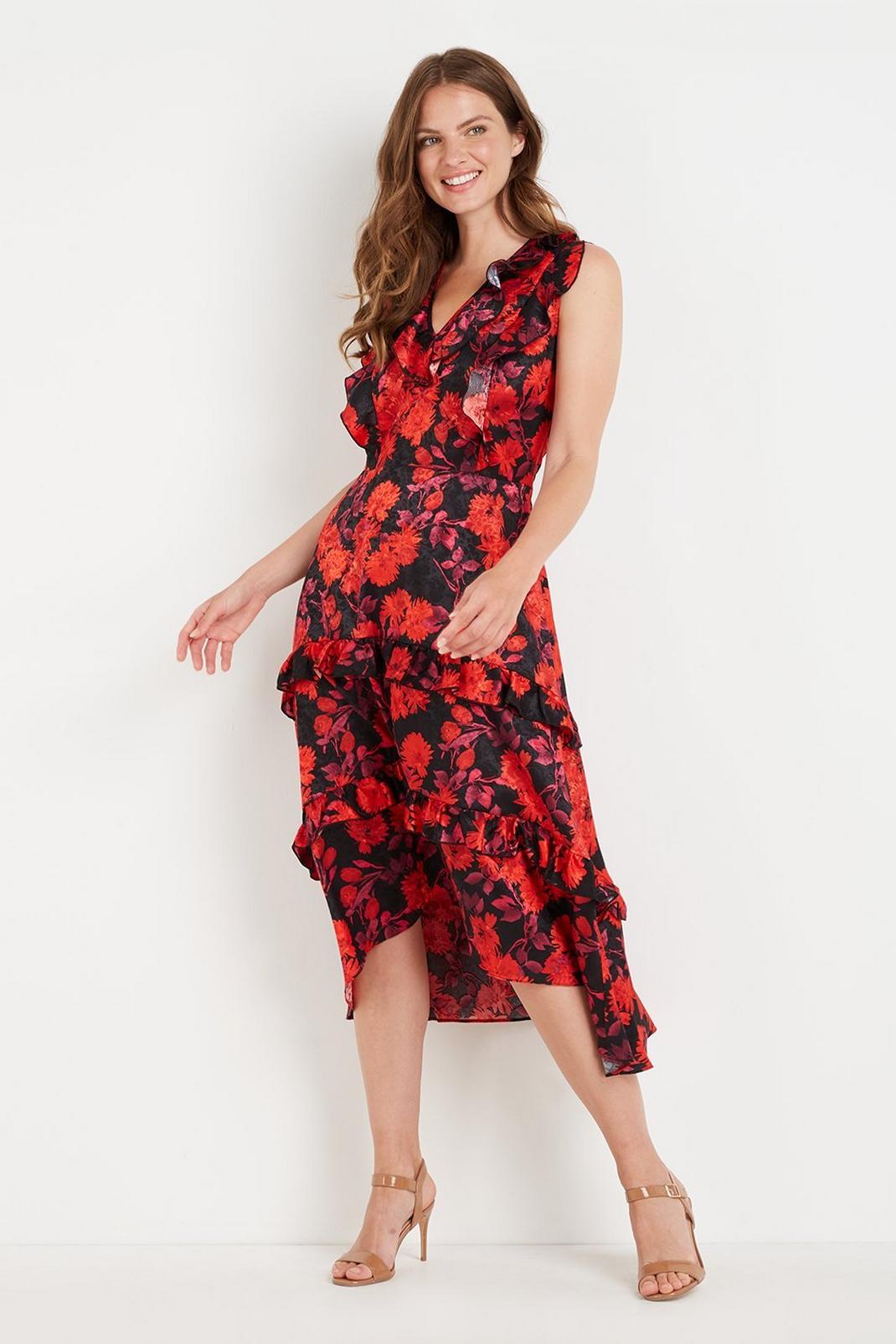 Flame red Black Floral Jacquard Ruffle Dress image number 1