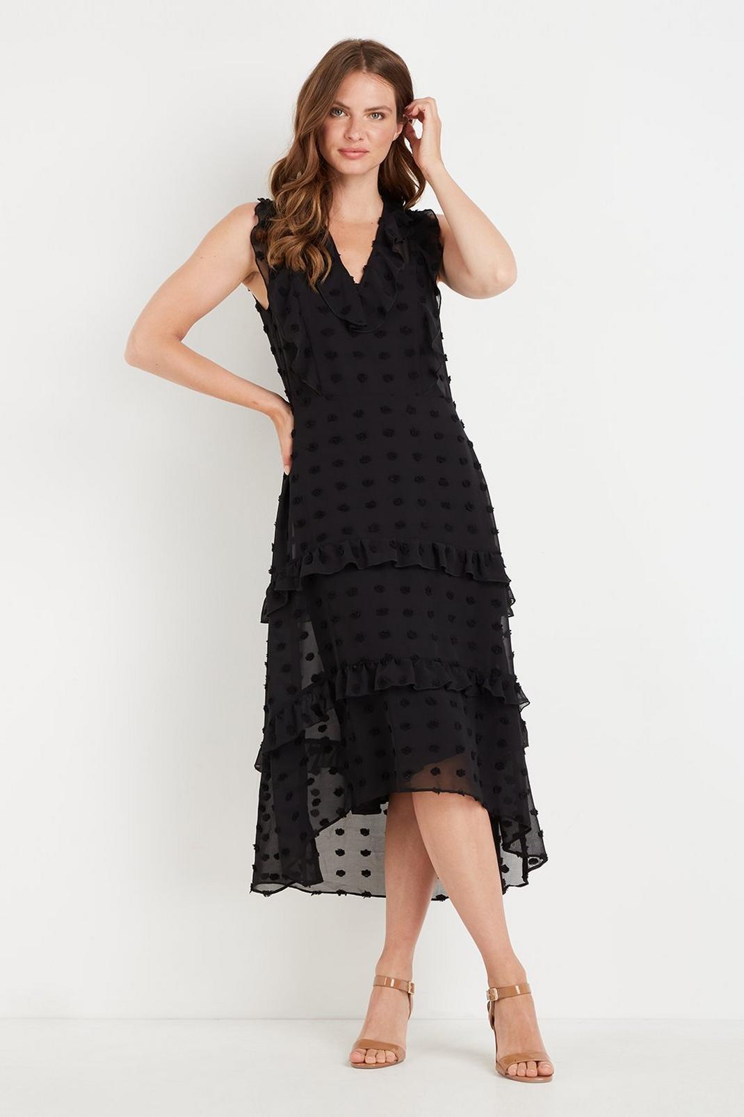 Black Dobby Spot Ruffle Tiered Dress image number 1