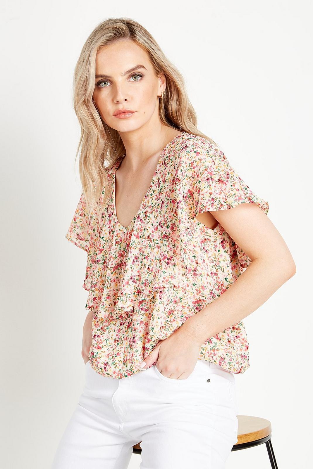 Candy pink Petite Ditsy Floral Dobby Cape Sleeve Top image number 1