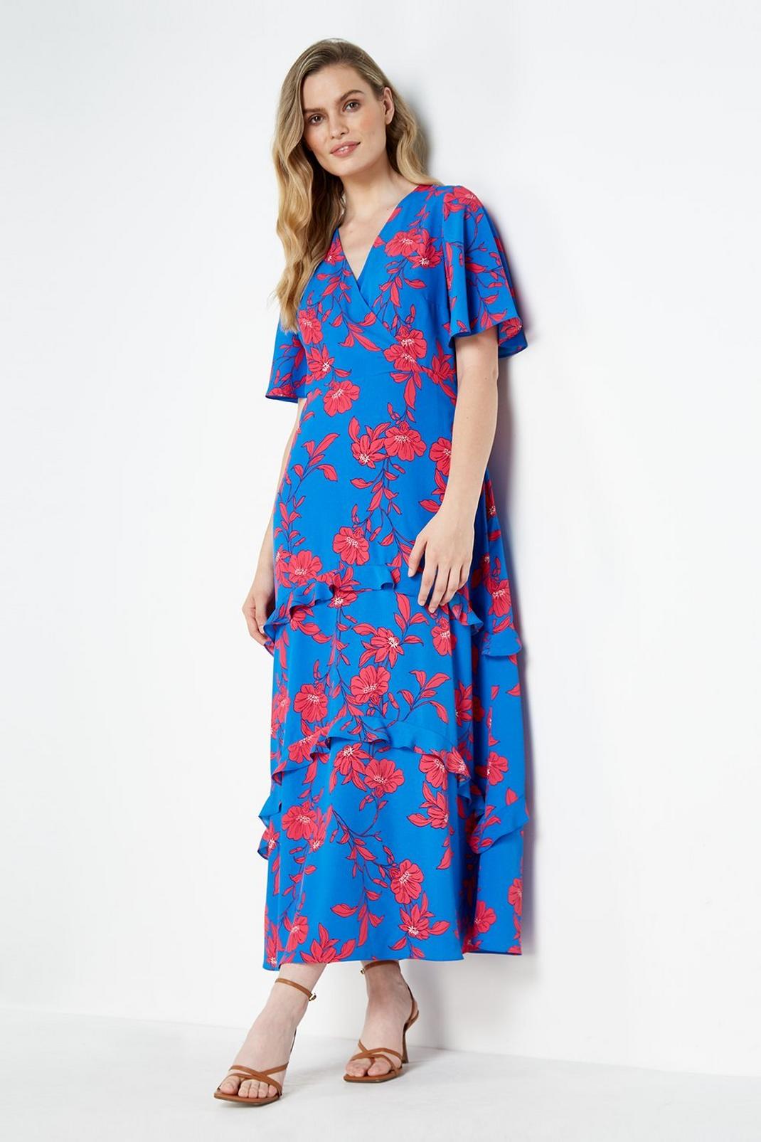 Bright blue Petite Blue Pink Floral Tiered Maxi Dress image number 1