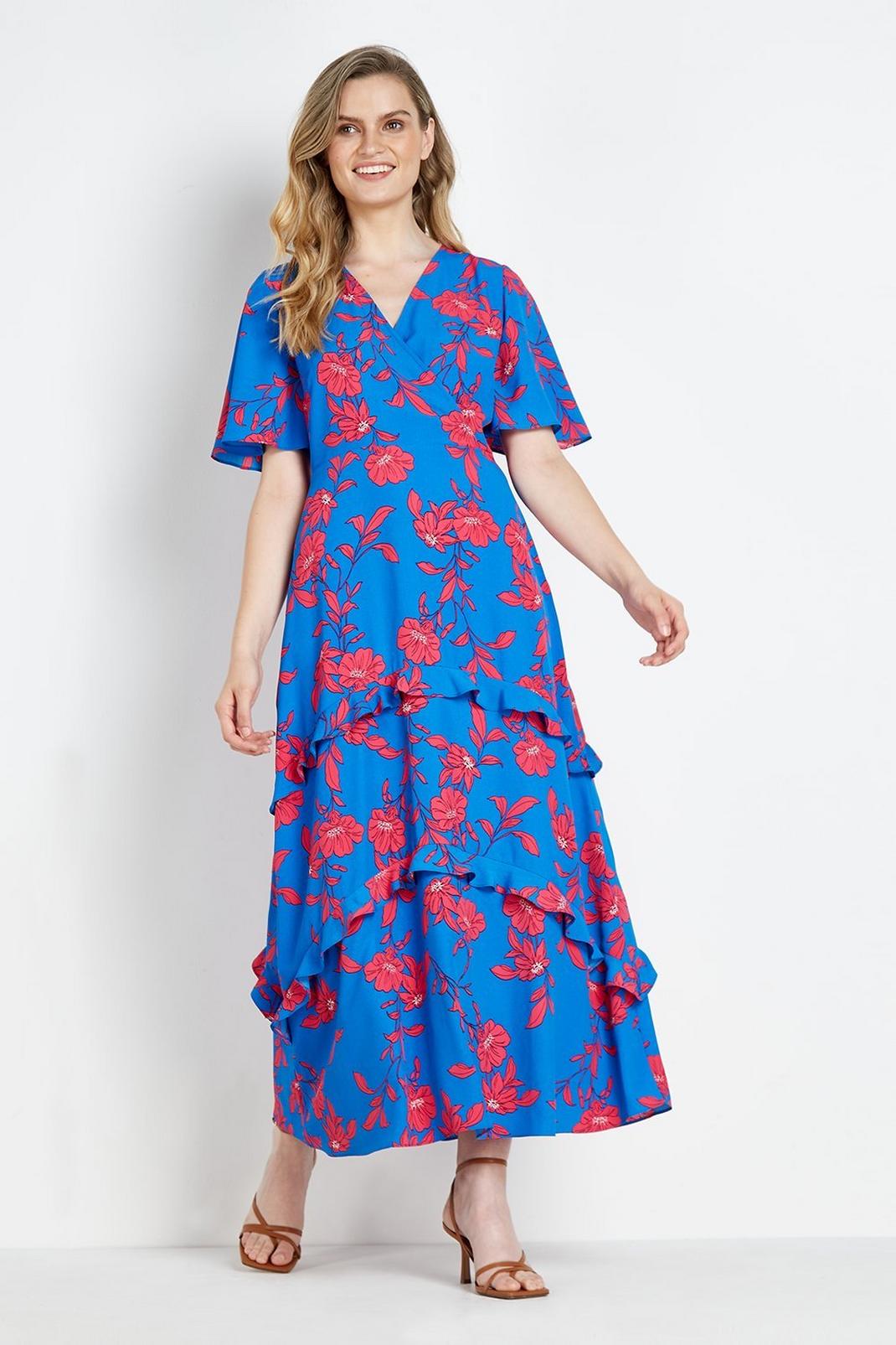 659 Petite Blue Pink Floral Tiered Maxi Dress image number 2