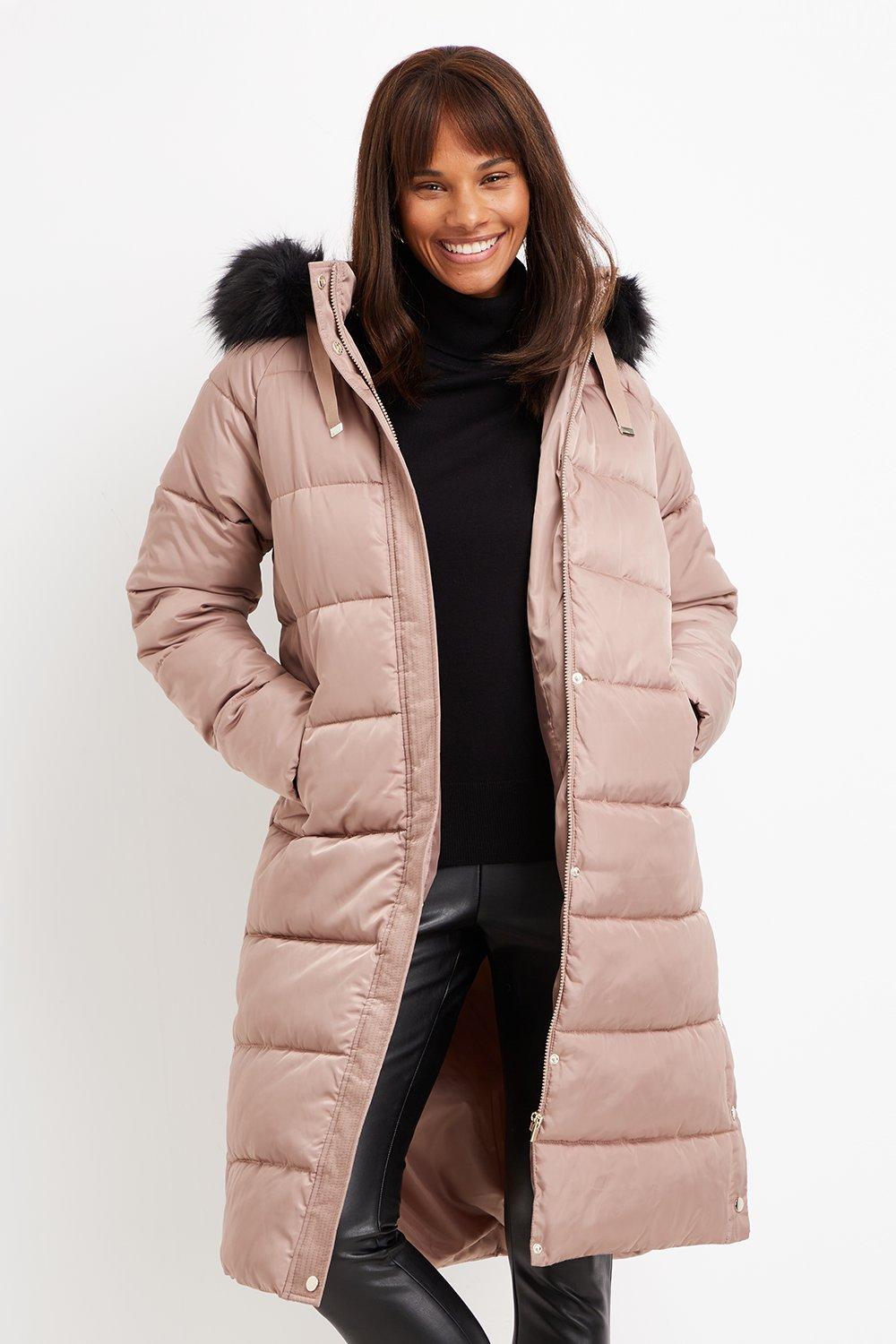 maxi puffer coat with fur hood