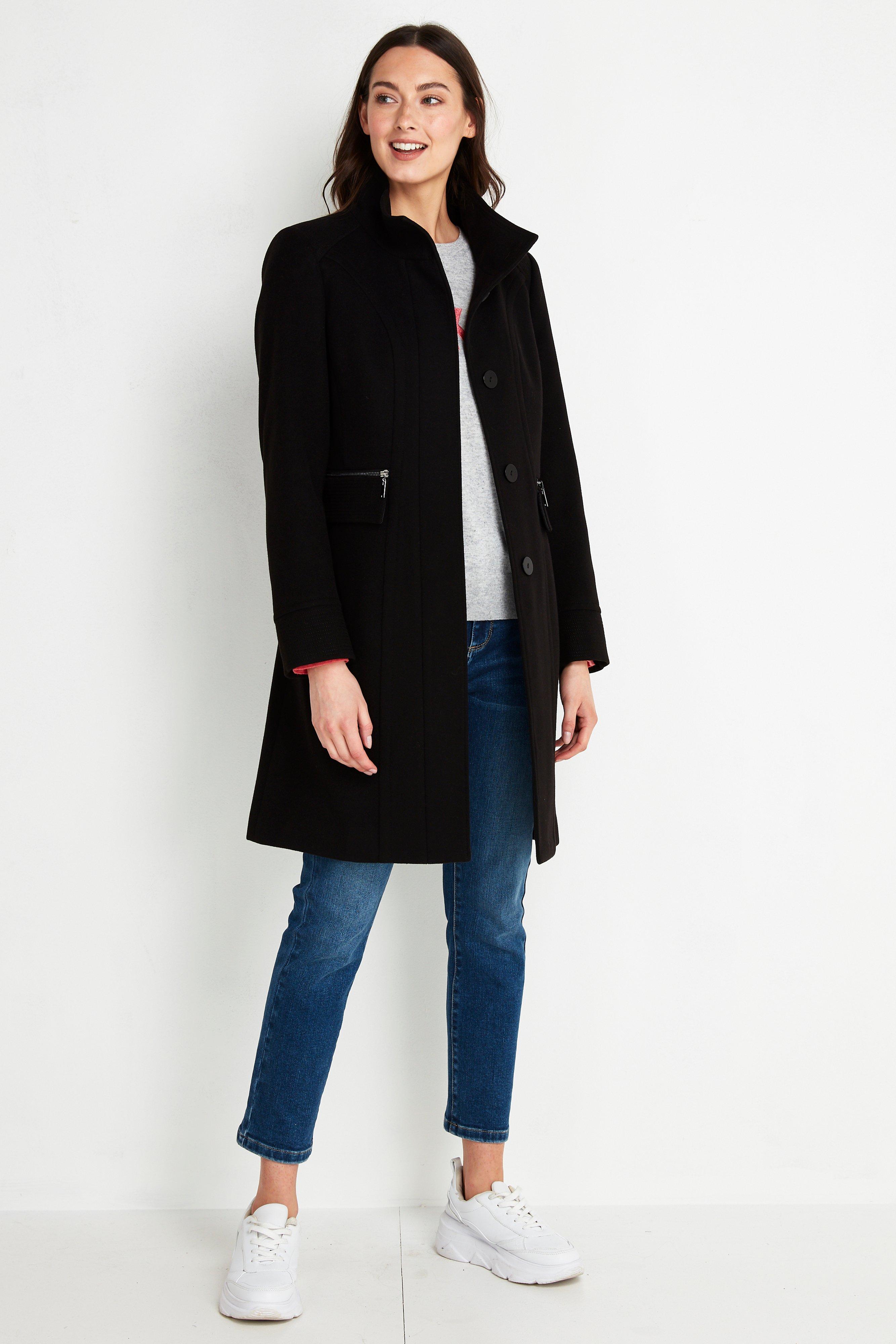 black wool funnel neck coat womens