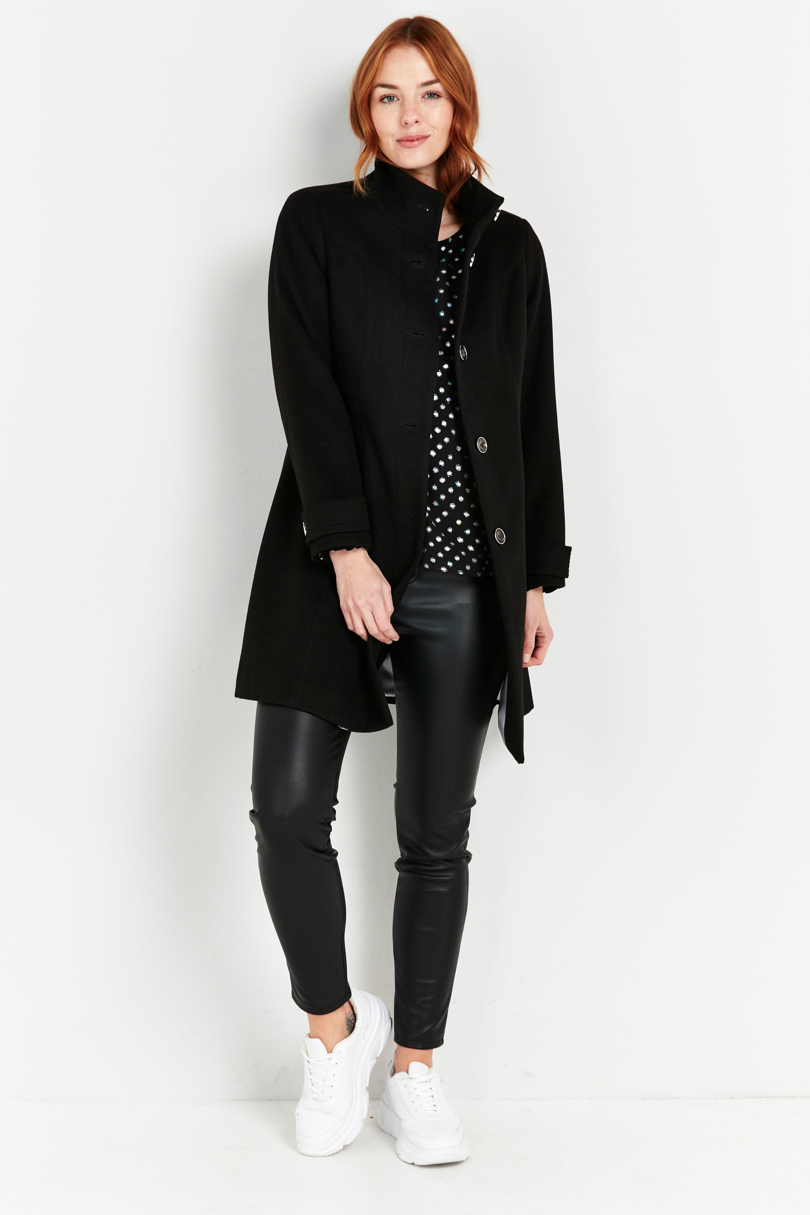 black wool funnel neck coat womens