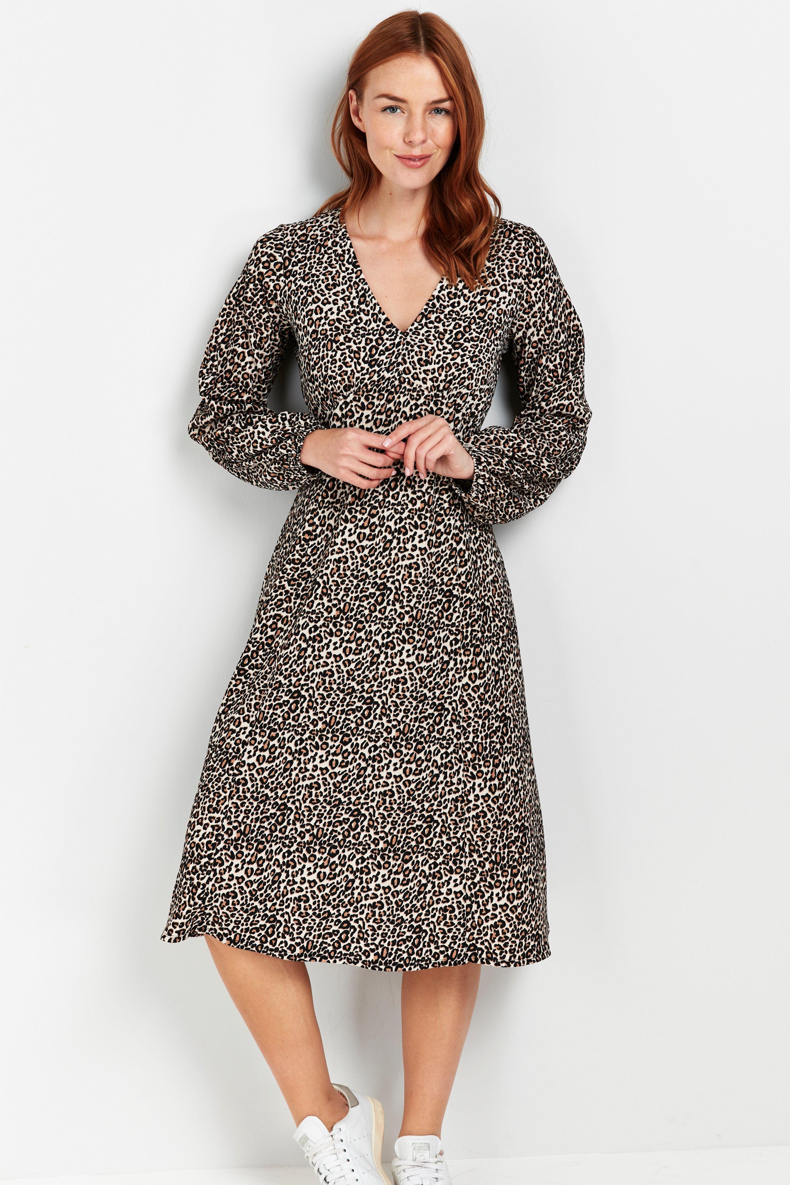 Brown Animal Print Puff Sleeve Midi Dress