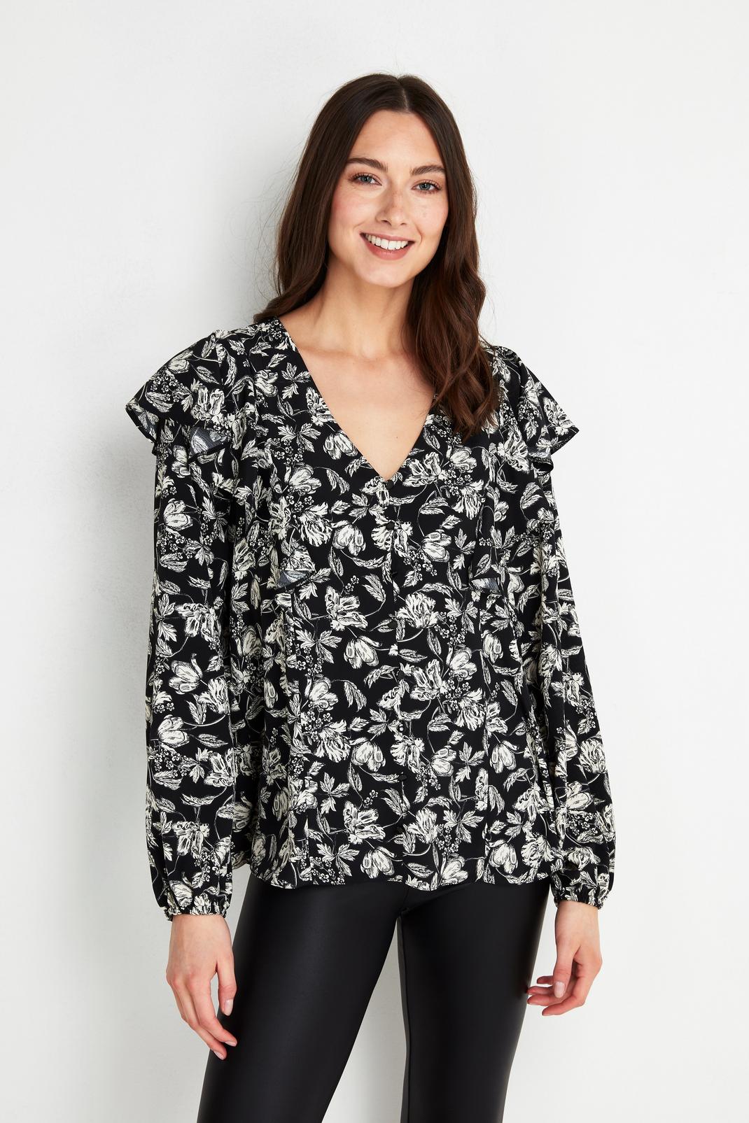 585 Monochrome Floral Print Ruffle Top image number 1