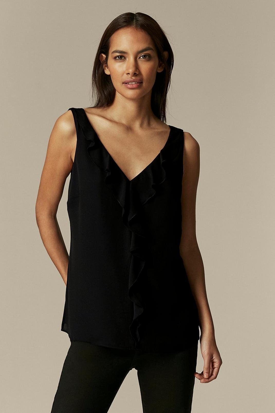 105 PETITE Black Ruffle Front Camisole Top image number 1