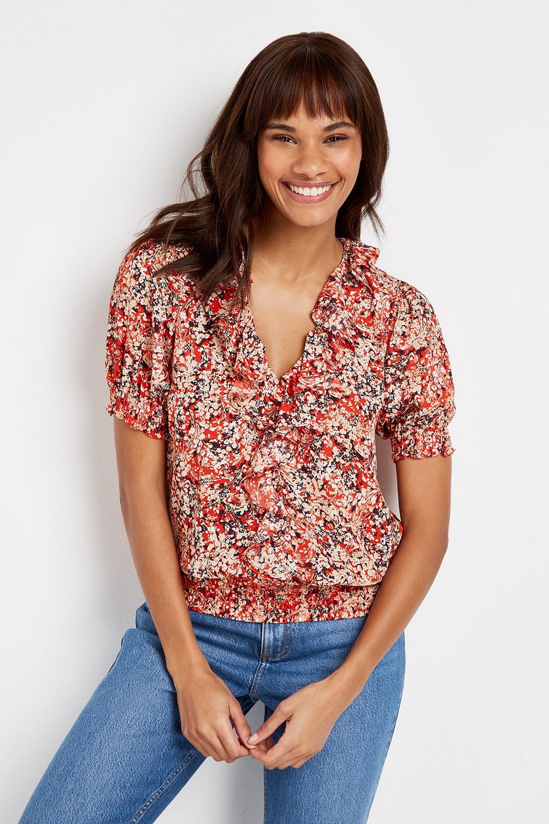 TALL Red Floral Print Ruffle Blouse image number 1