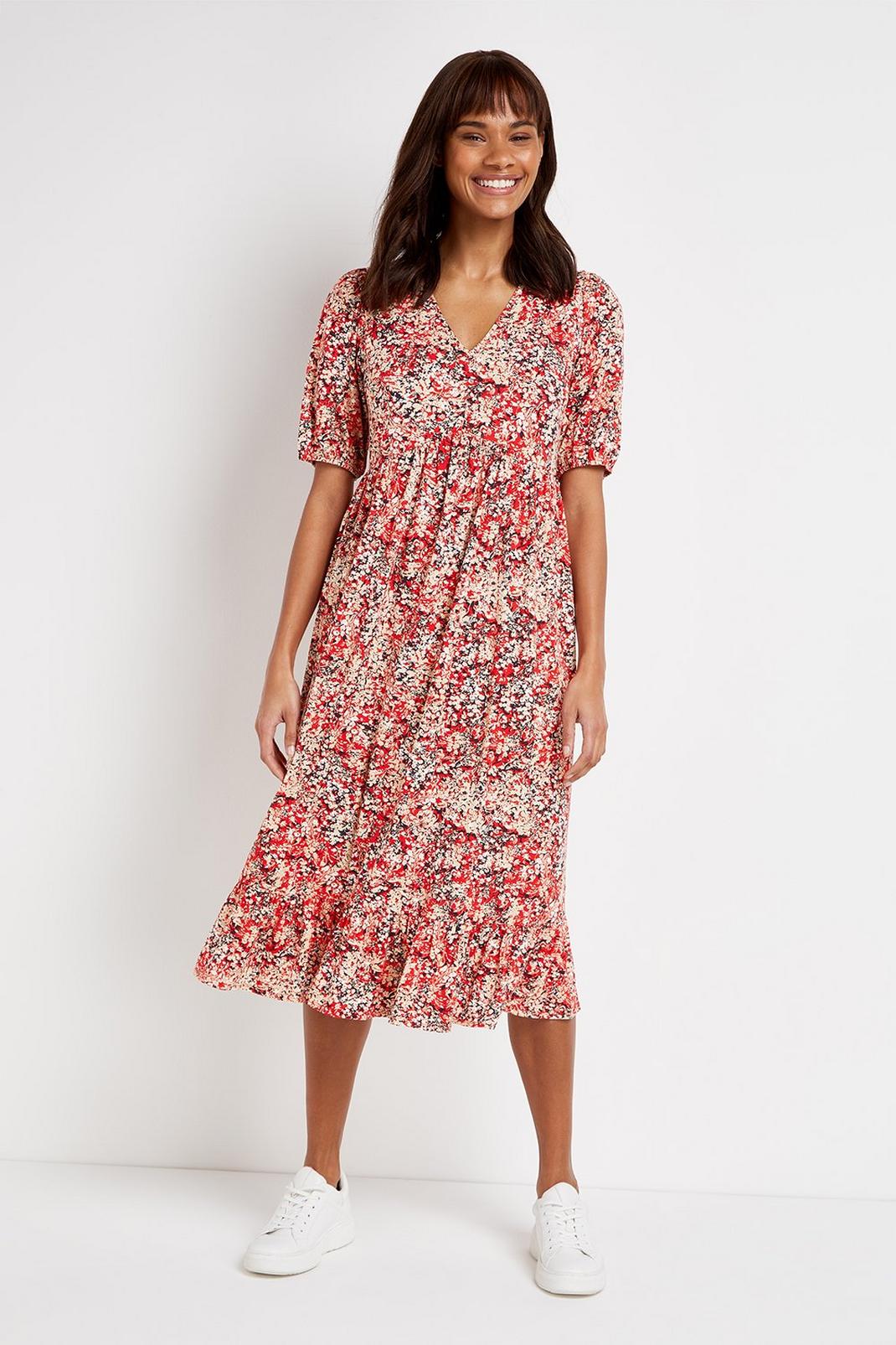 TALL Red Floral Print Midi Dress image number 1