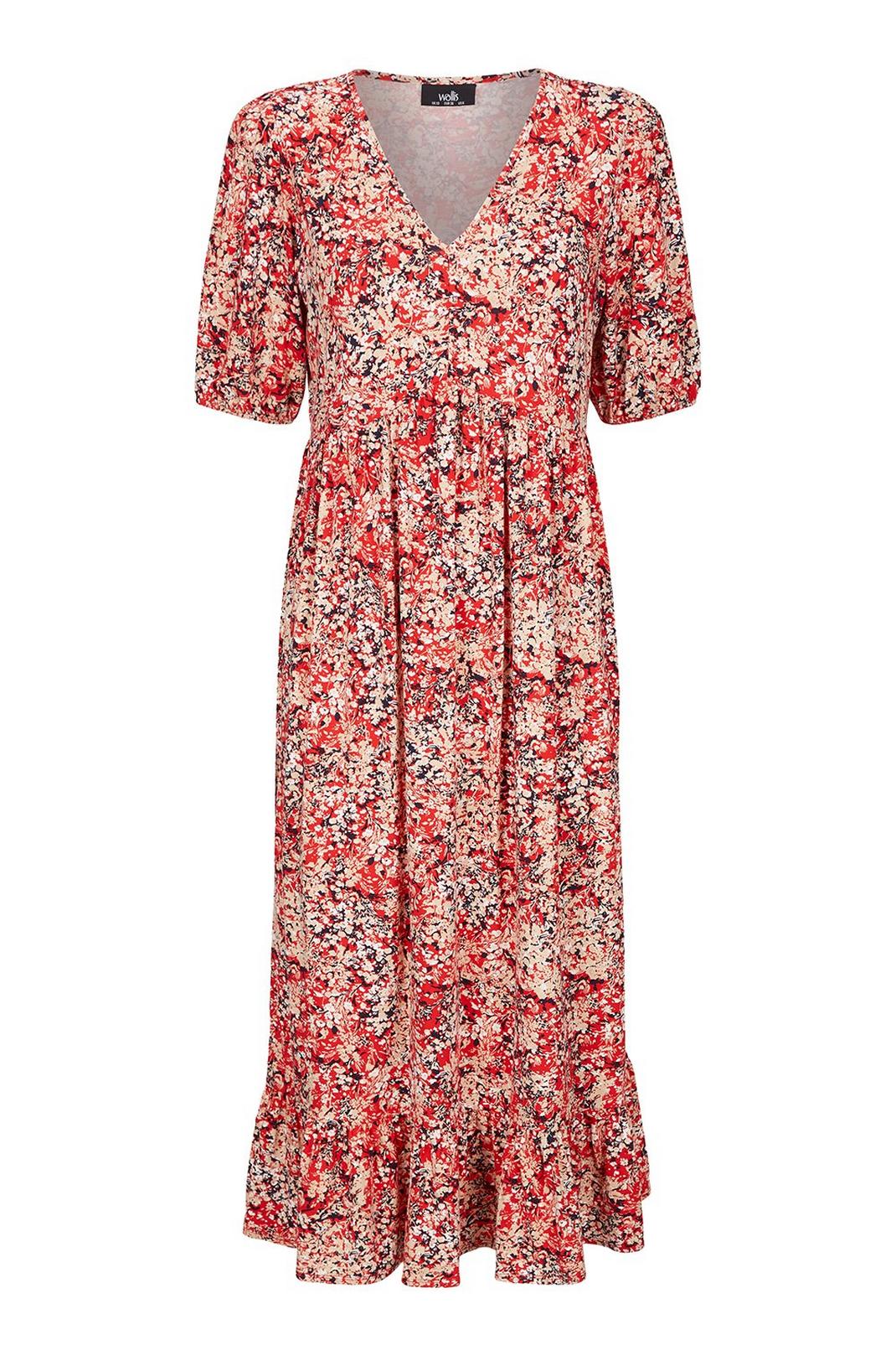 157 TALL Red Floral Print Midi Dress image number 2