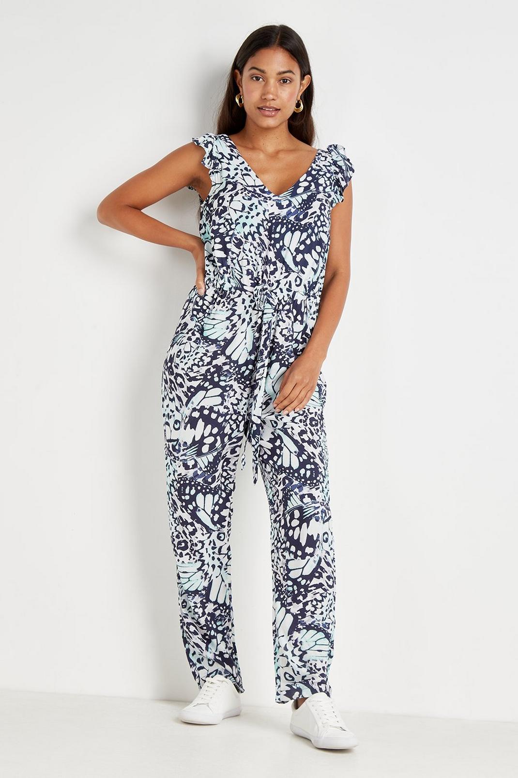 143 Mint Butterfly Print Ruffle Sleeve Jumpsuit image number 2