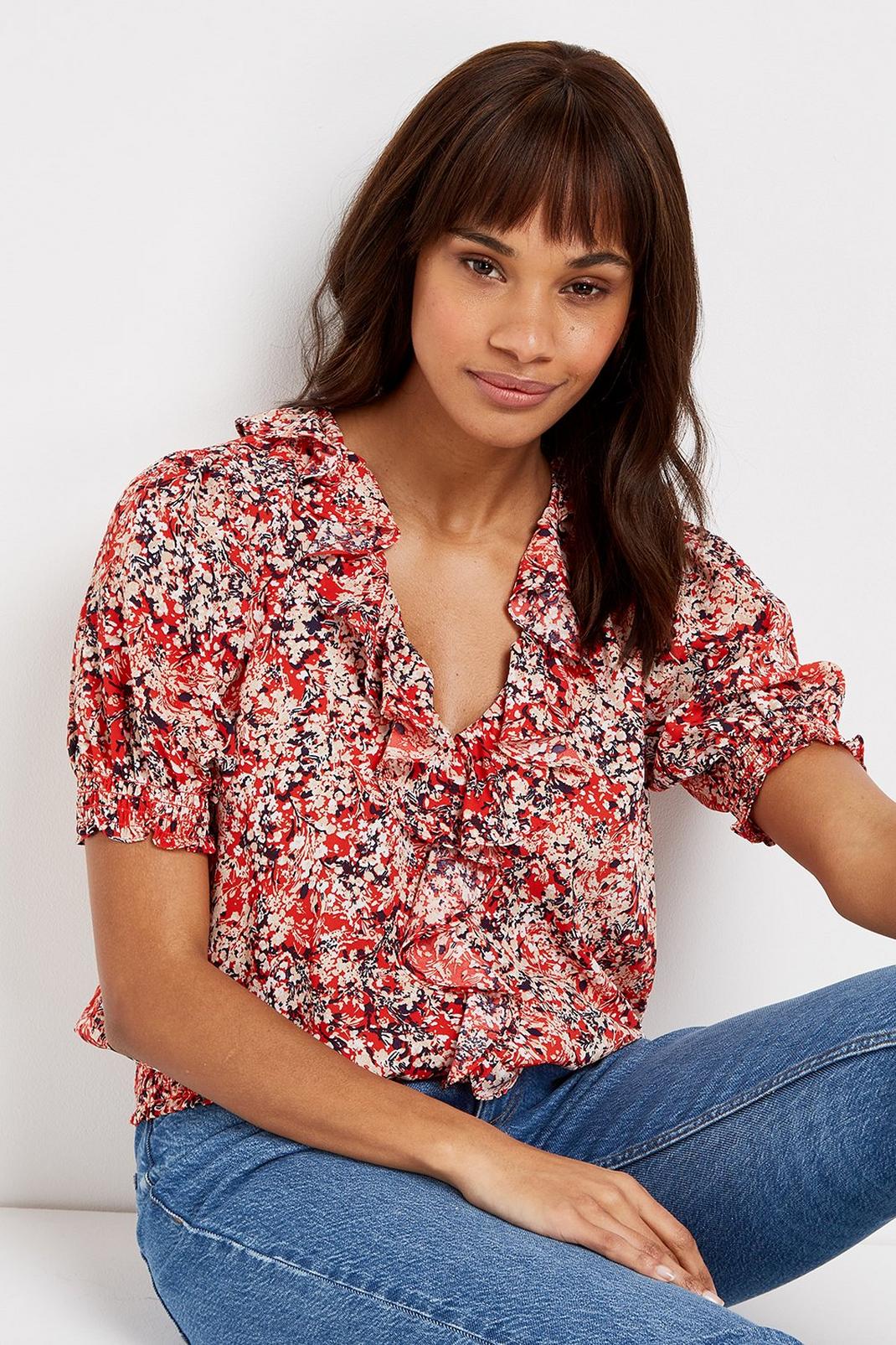 Red Floral Print Ruffle Blouse image number 1