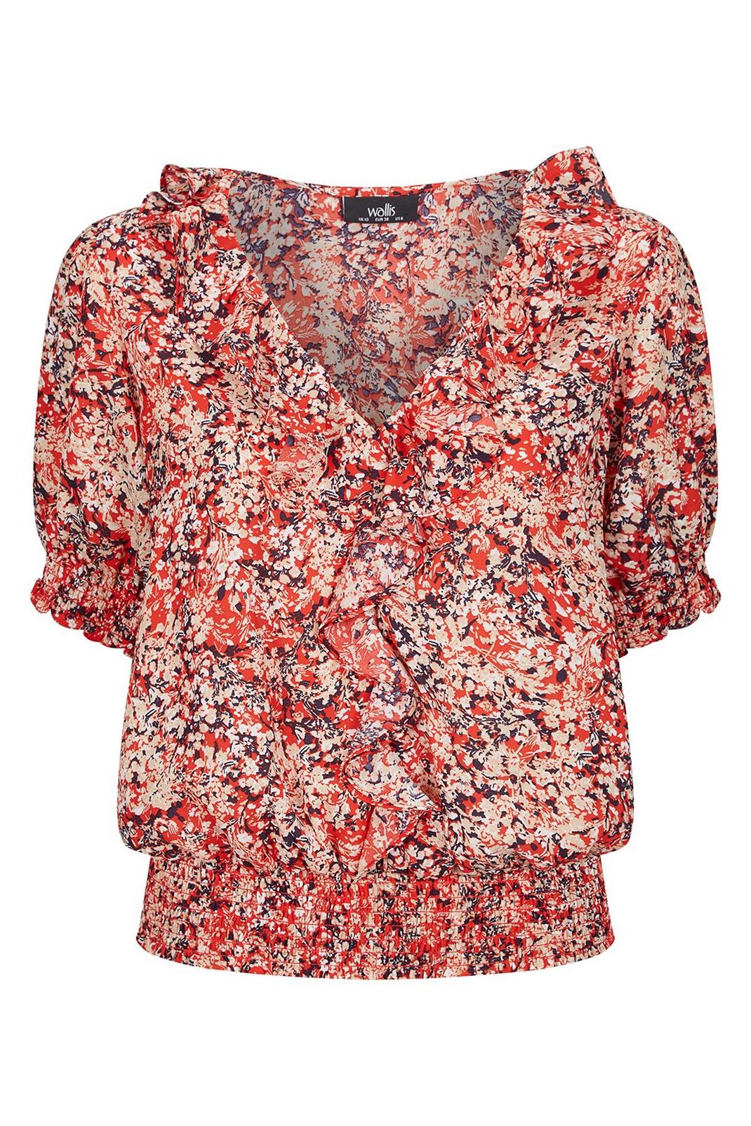 157 Red Floral Print Ruffle Blouse image number 2