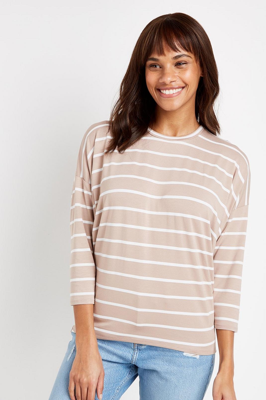 Beige Taupe Striped Batwing Top image number 1