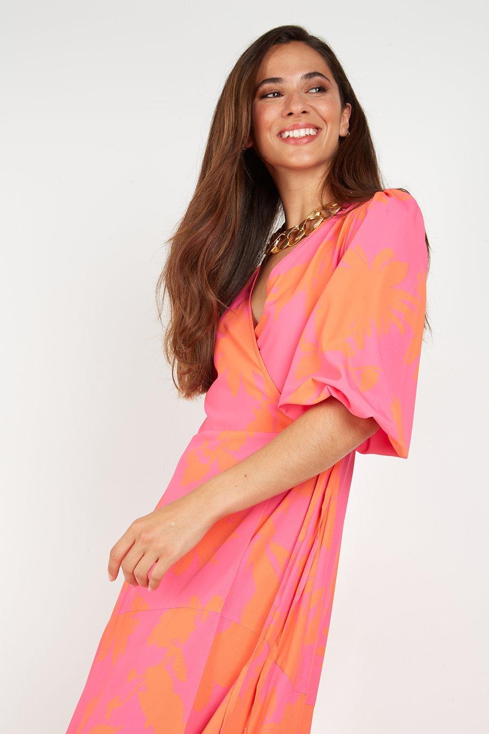 Pink And Orange Floral Print Belted Wrap Midi Dress – AX Paris