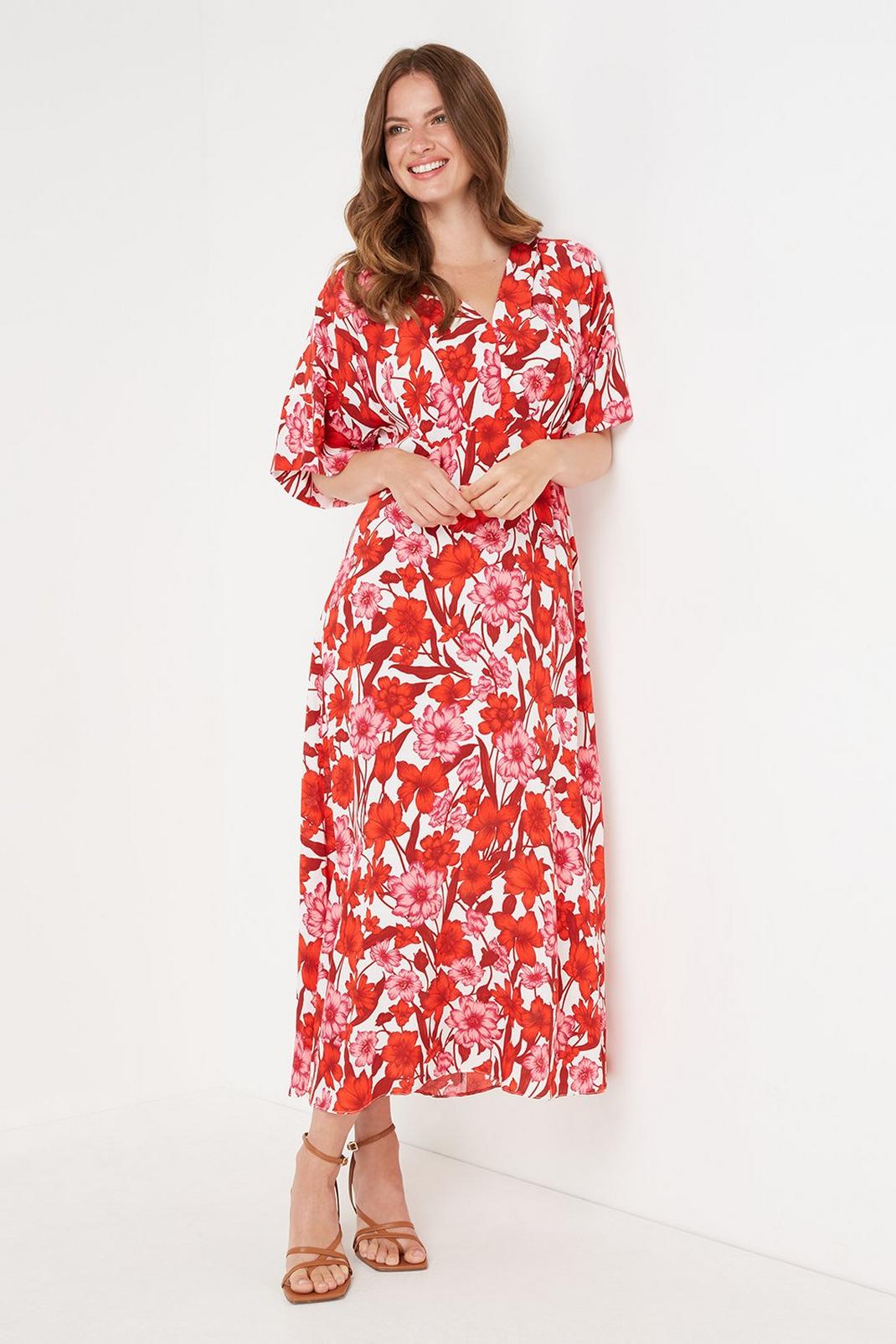 402 Tall Red And Pink Floral Kimono Sleeve Dress image number 1