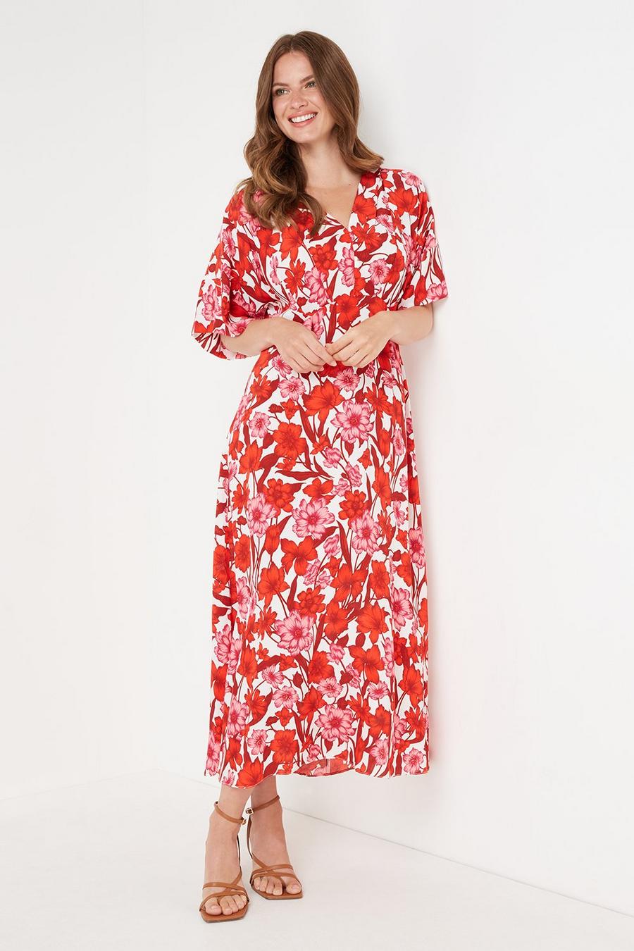 Tall Red And Pink Floral Kimono Sleeve Dress