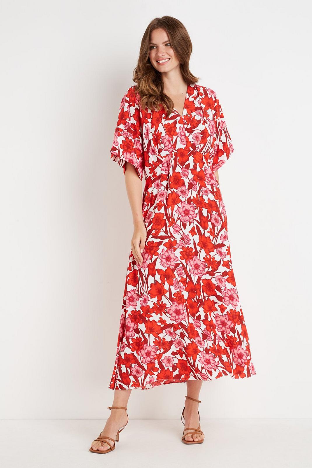 402 Tall Red And Pink Floral Kimono Sleeve Dress image number 2