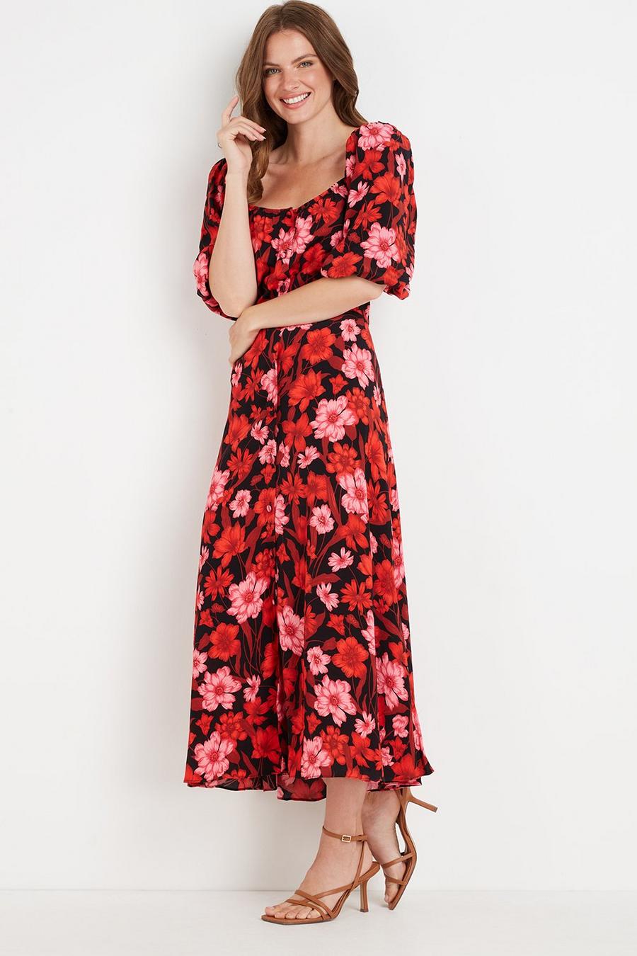 Tall Black and Red Floral Square Neck Dress