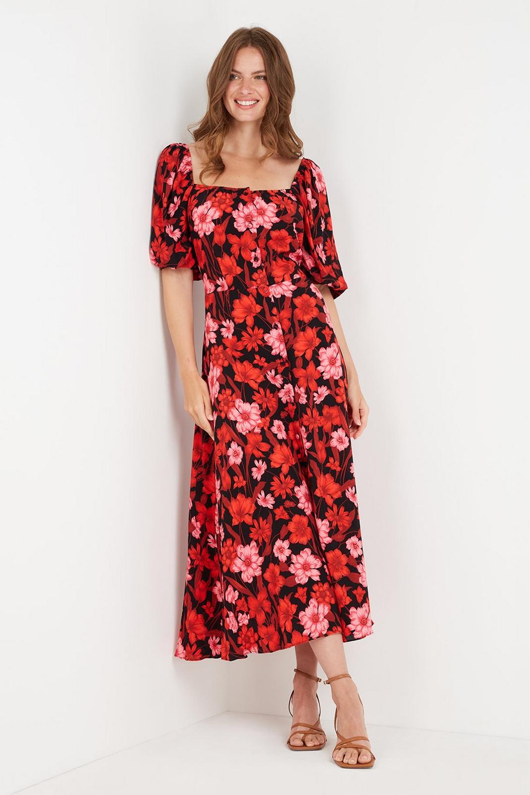 191 Tall Black and Red Floral Square Neck Dress image number 2