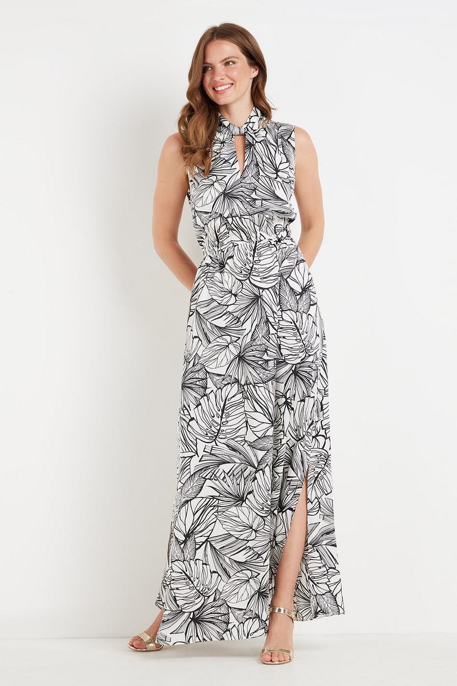 Tall Ivory Palm Print Halter Dress