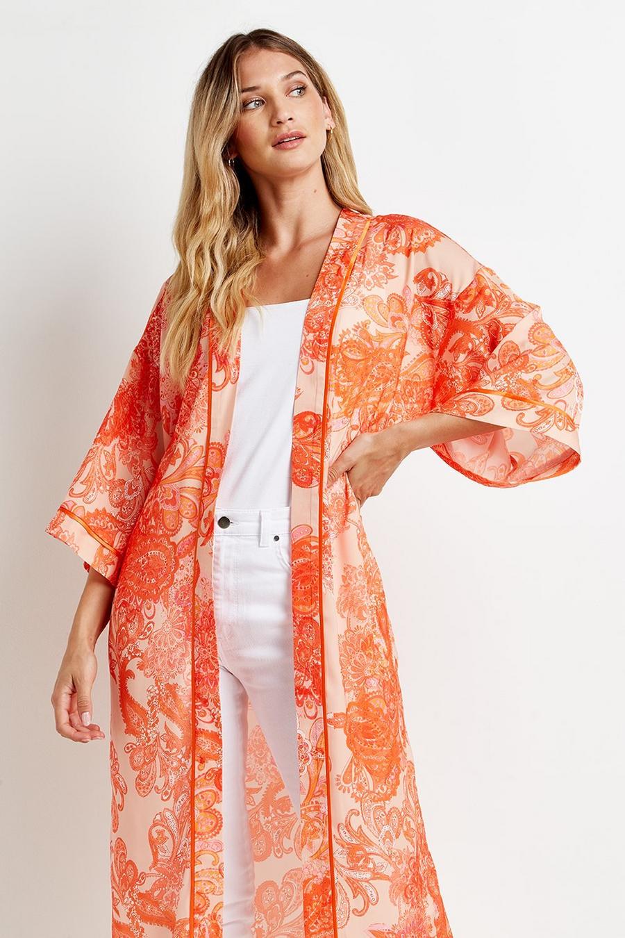 Orange Large Paisley Satin Kimono